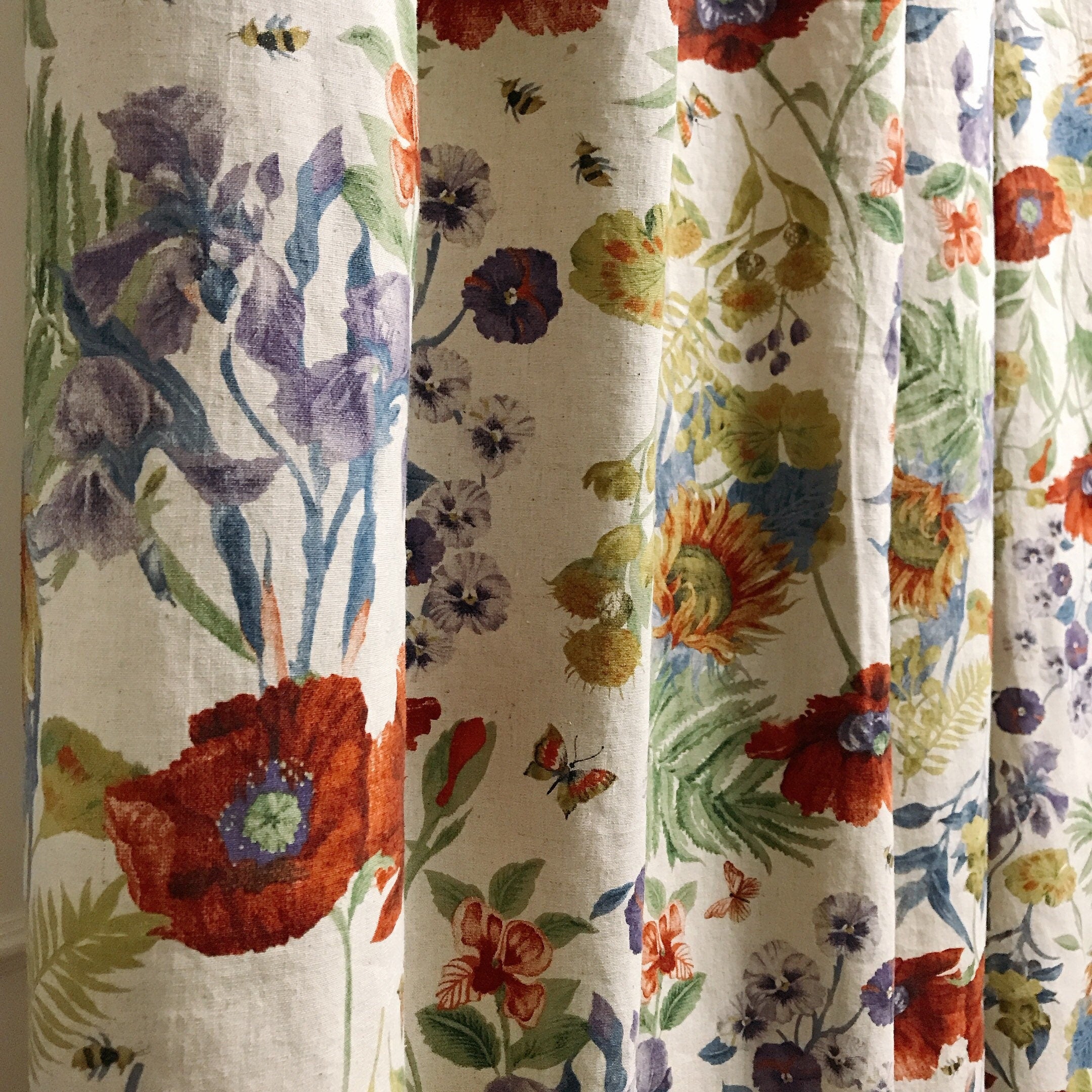 Deep Poppy Red and Soft Purple Floral Curtain on Natural Beige