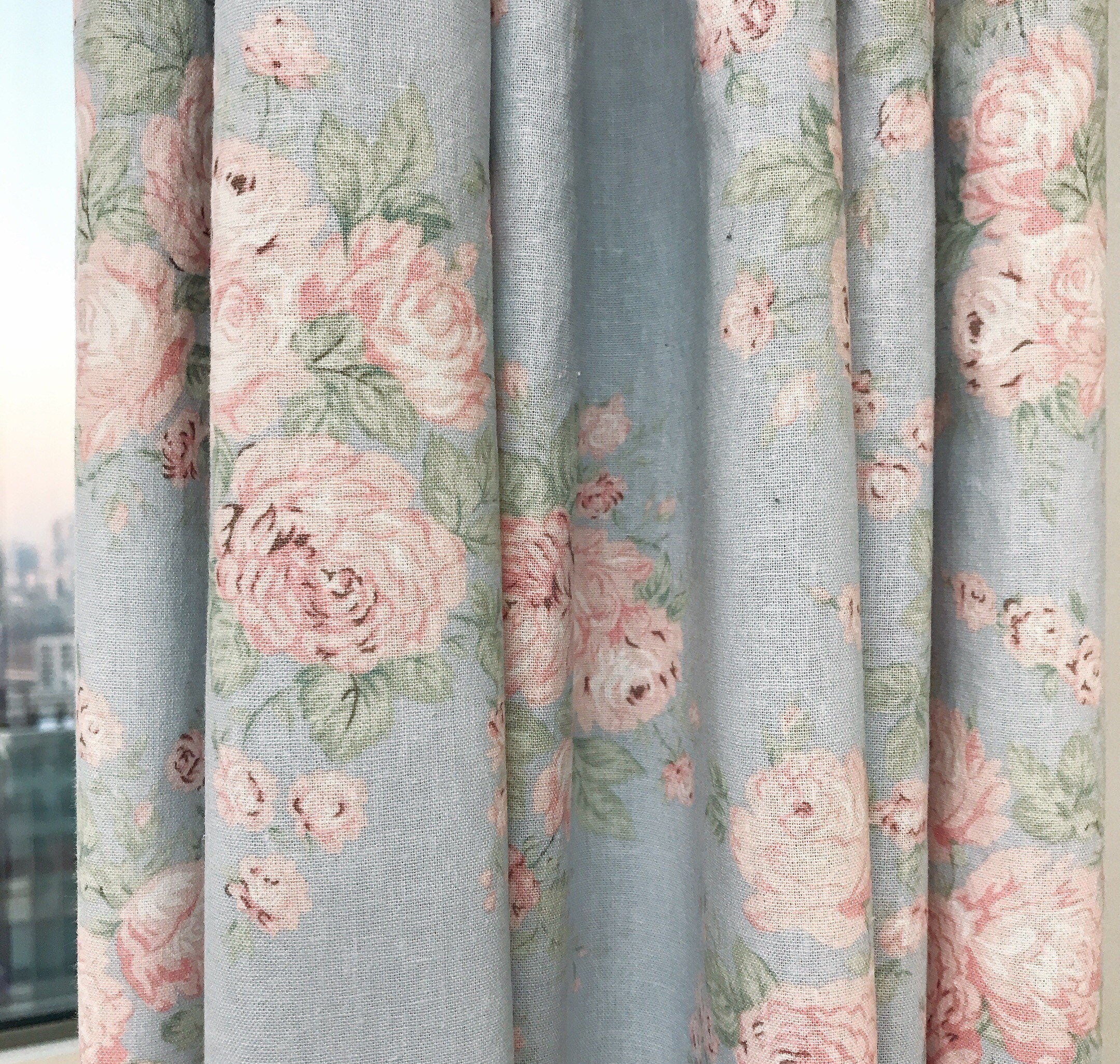 Peach and Baby Pink Floral Curtain on Light Blue