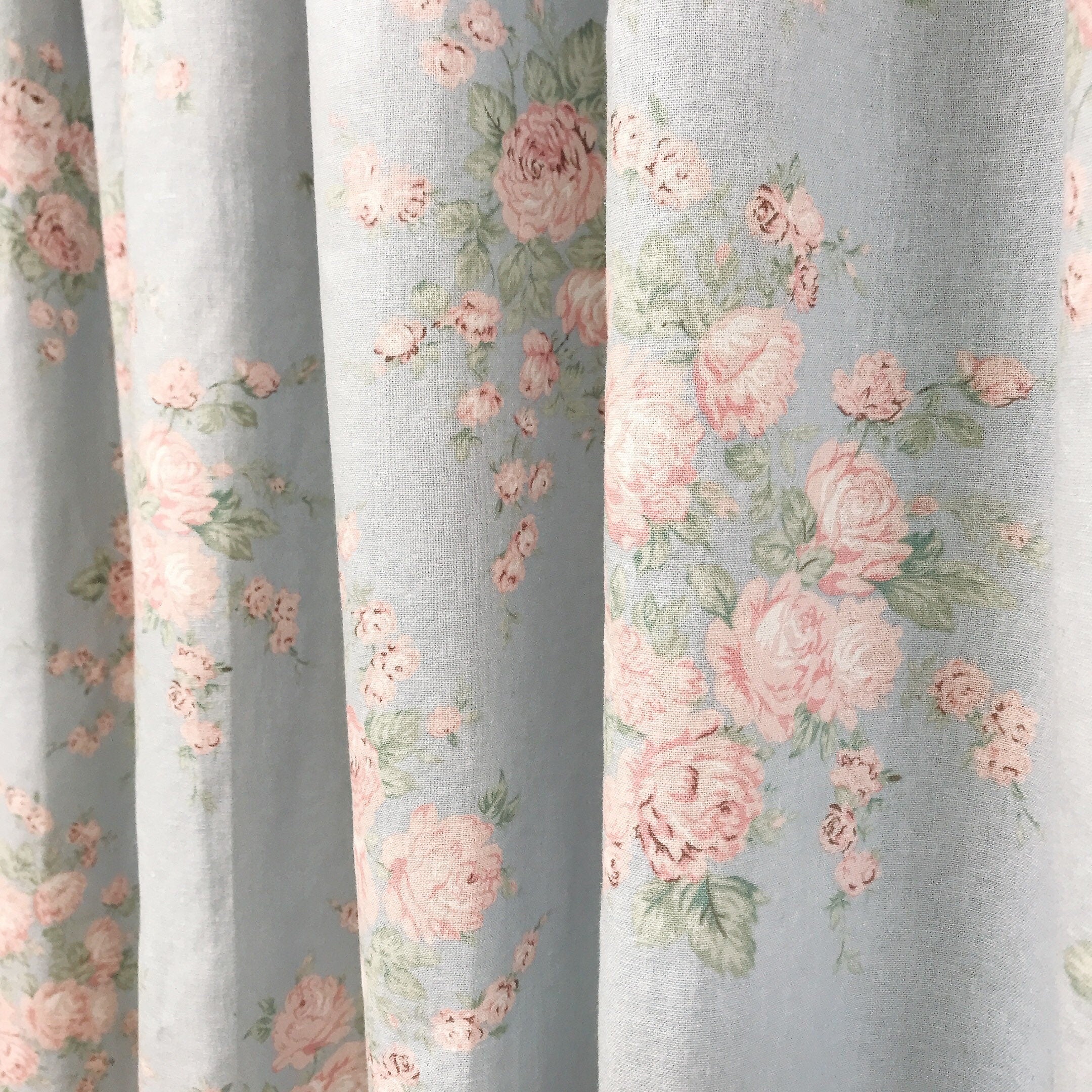 Peach and Baby Pink Floral Curtain on Light Blue
