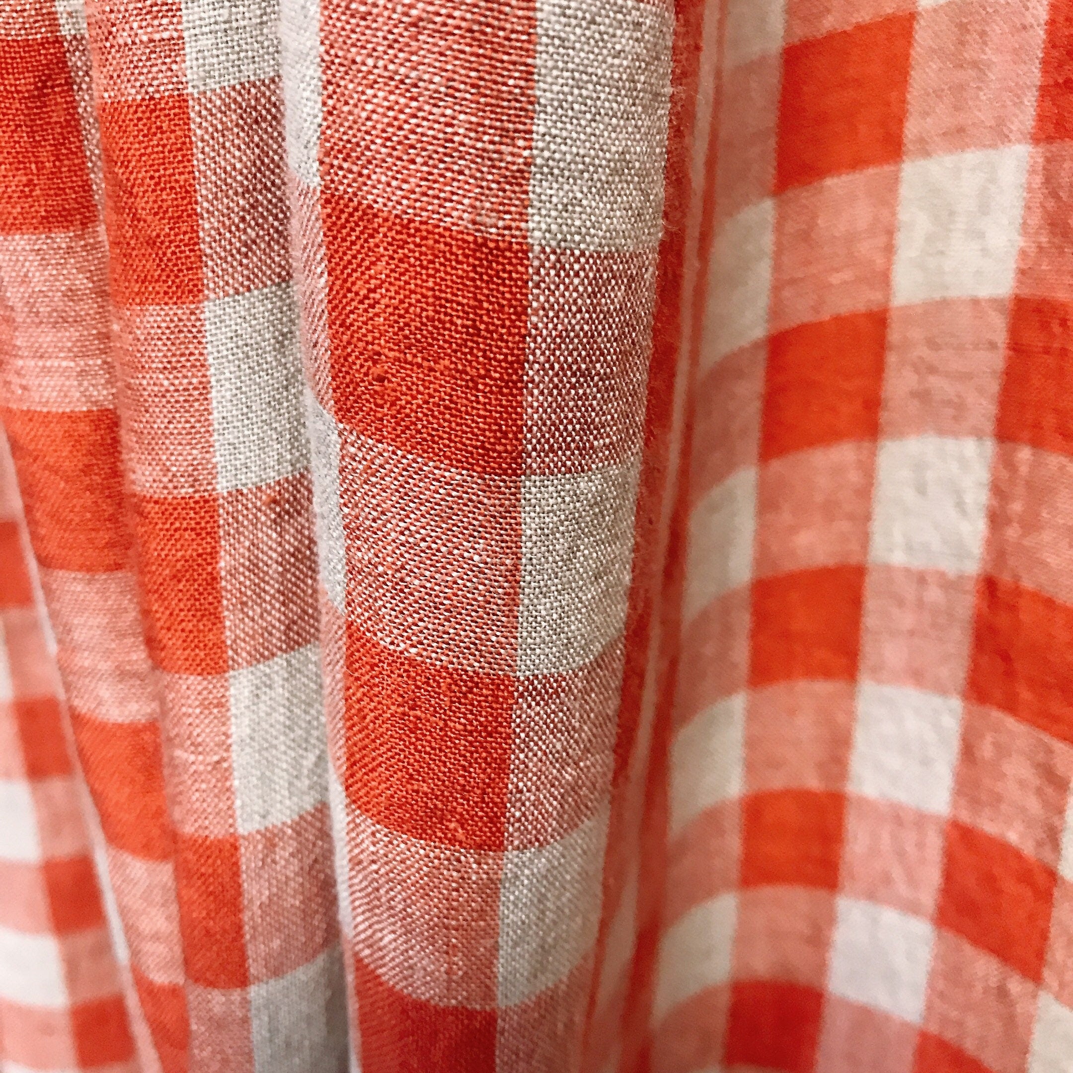 Plaid Vermilion Red Curtain on Natural Tan Beige