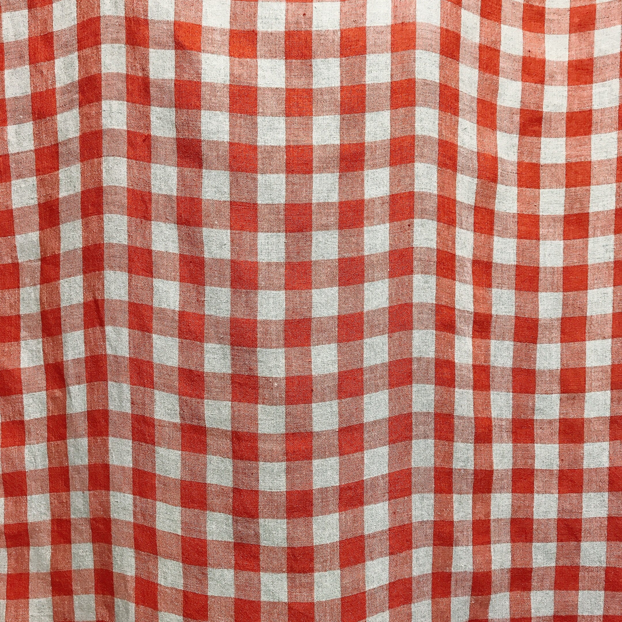 Plaid Vermilion Red Curtain on Natural Tan Beige