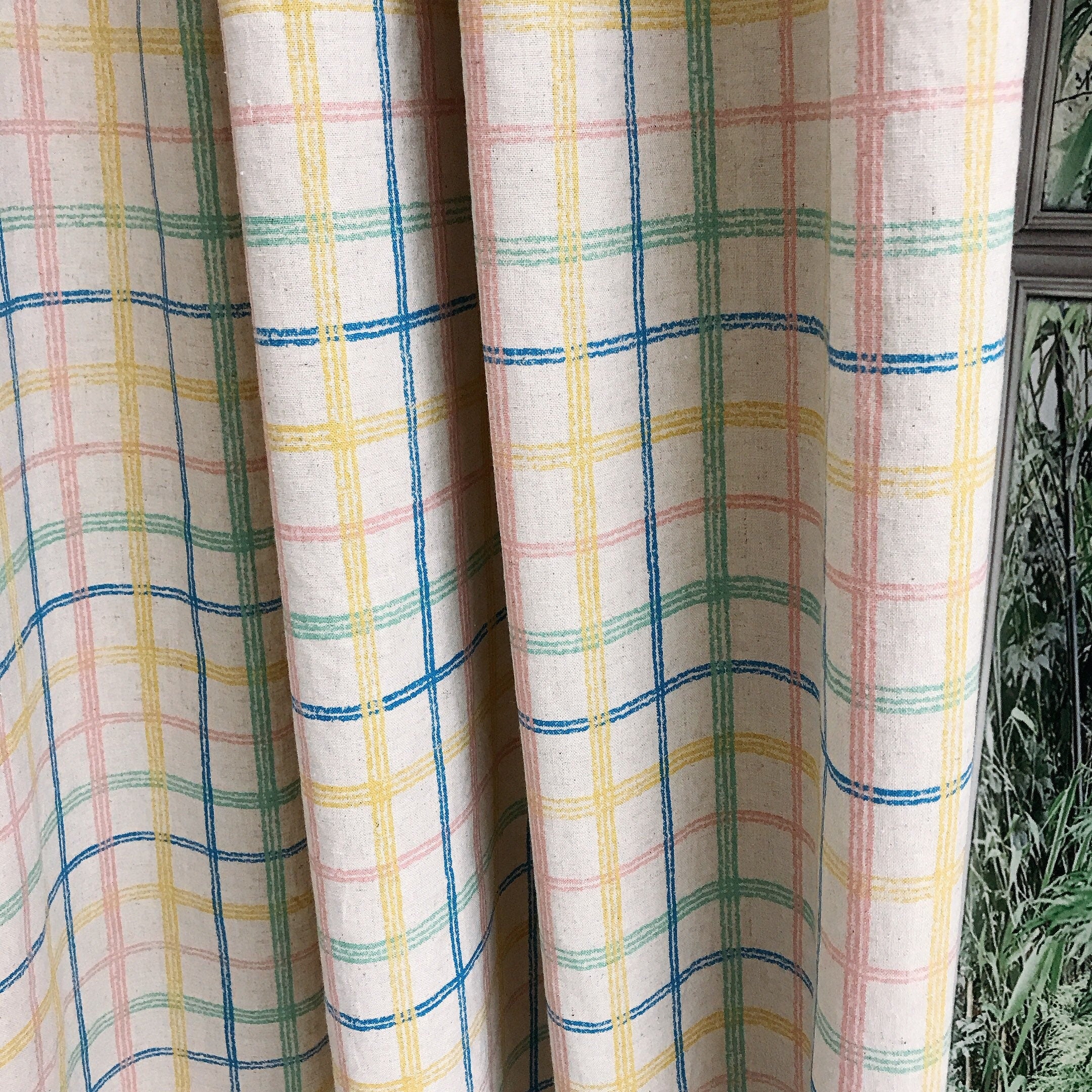 Blue Yellow and Pink Plaid Curtain on Beige