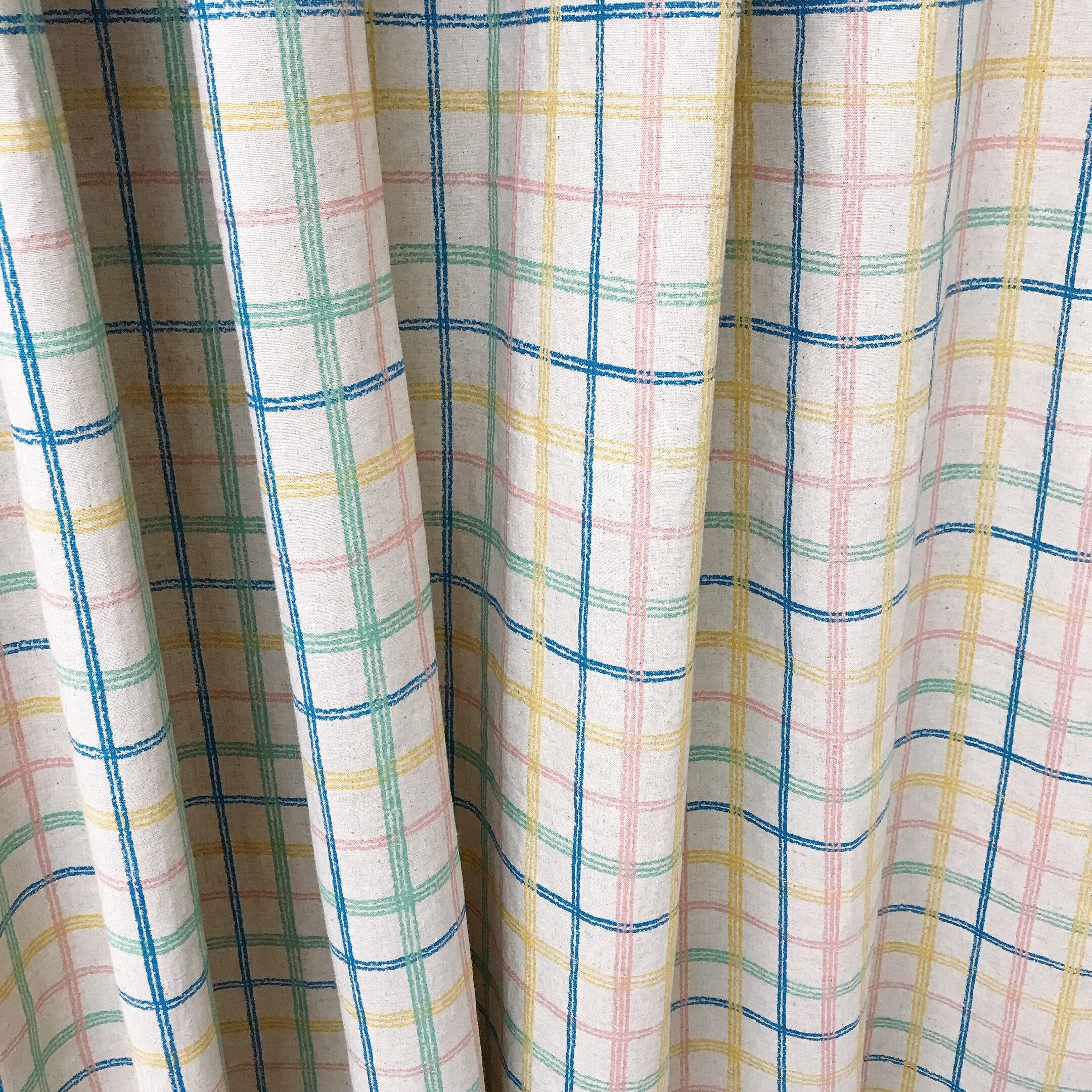 Blue Yellow and Pink Plaid Curtain on Beige