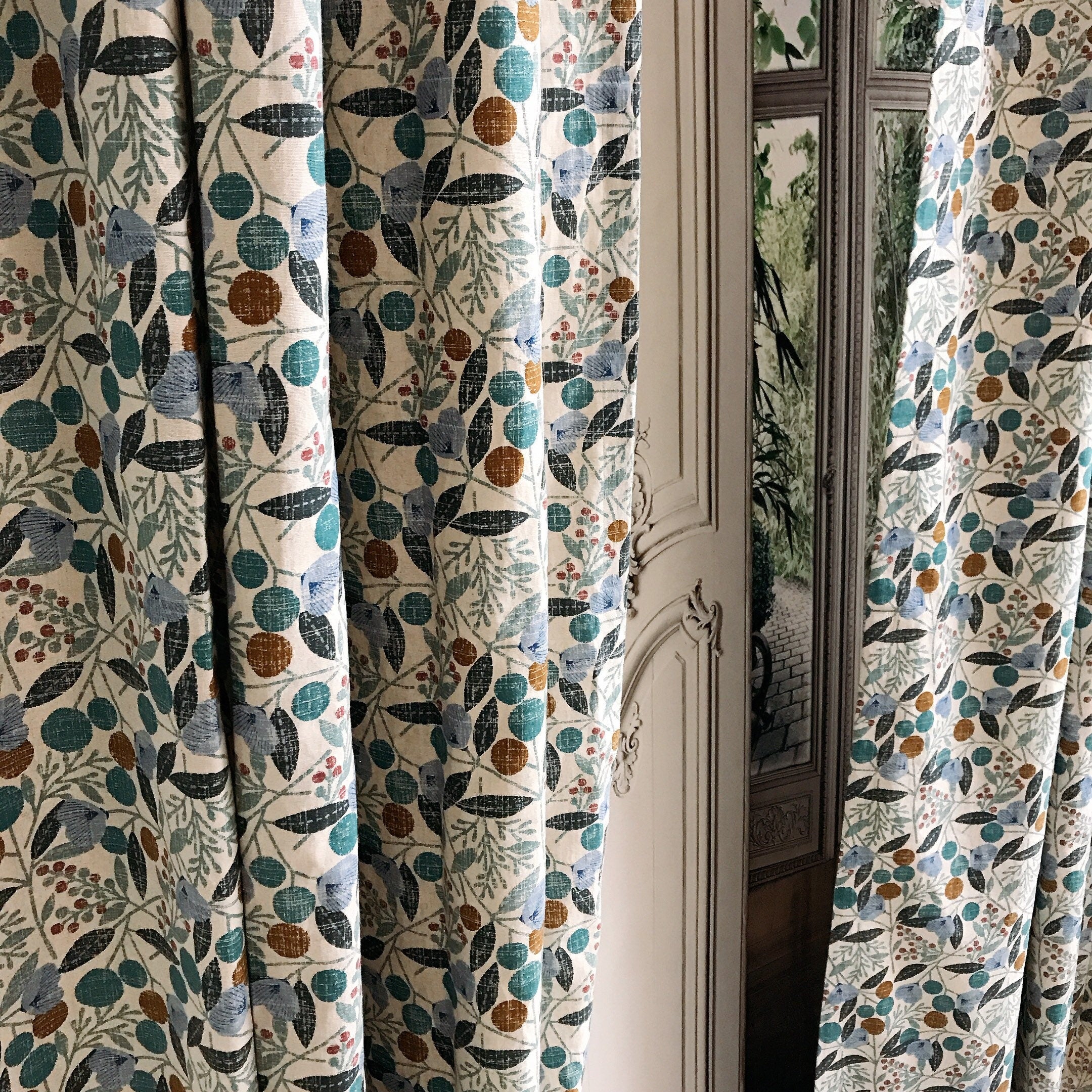 Teal Cherry Blossom Curtain on Natural Beige