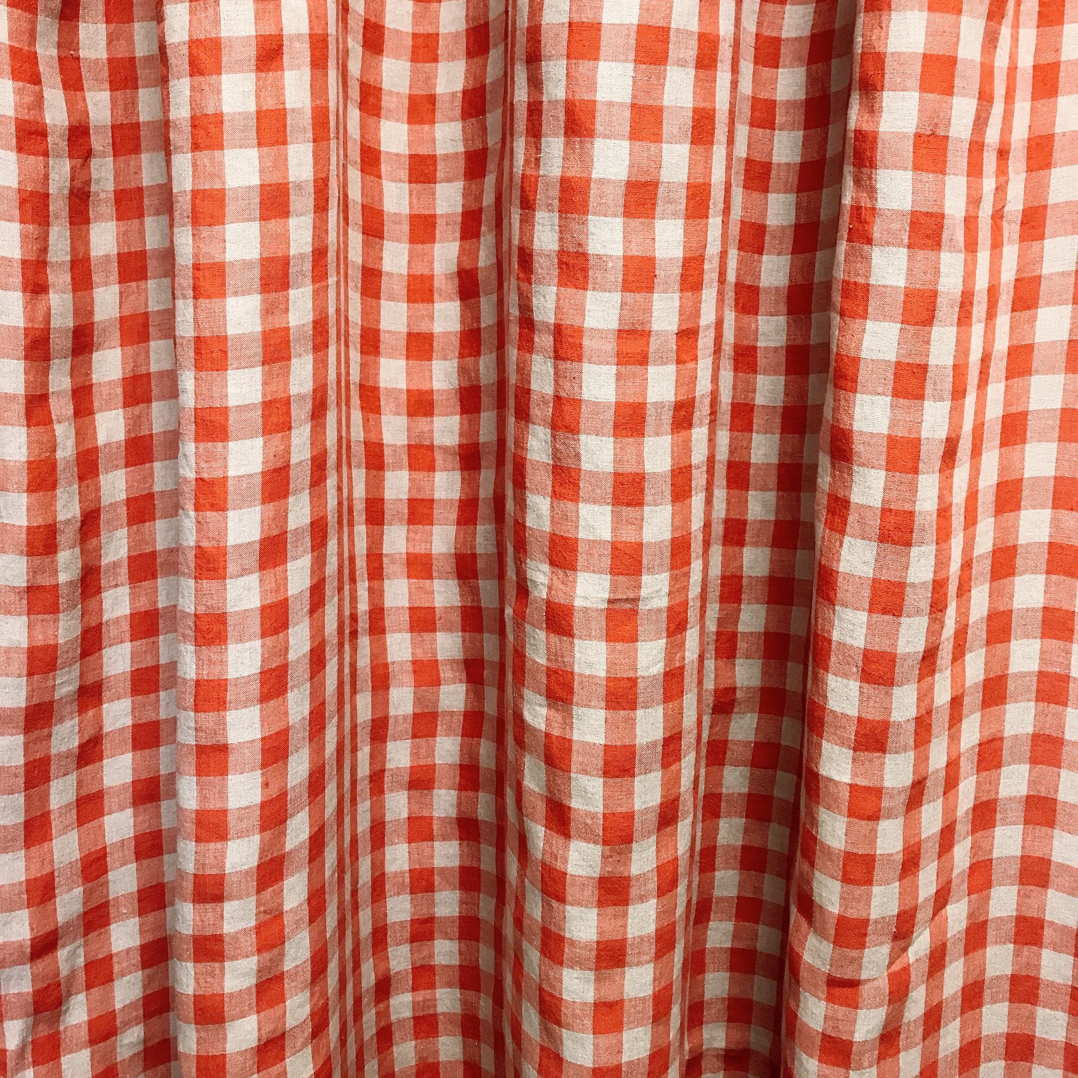 Plaid Vermilion Red Curtain on Natural Tan Beige