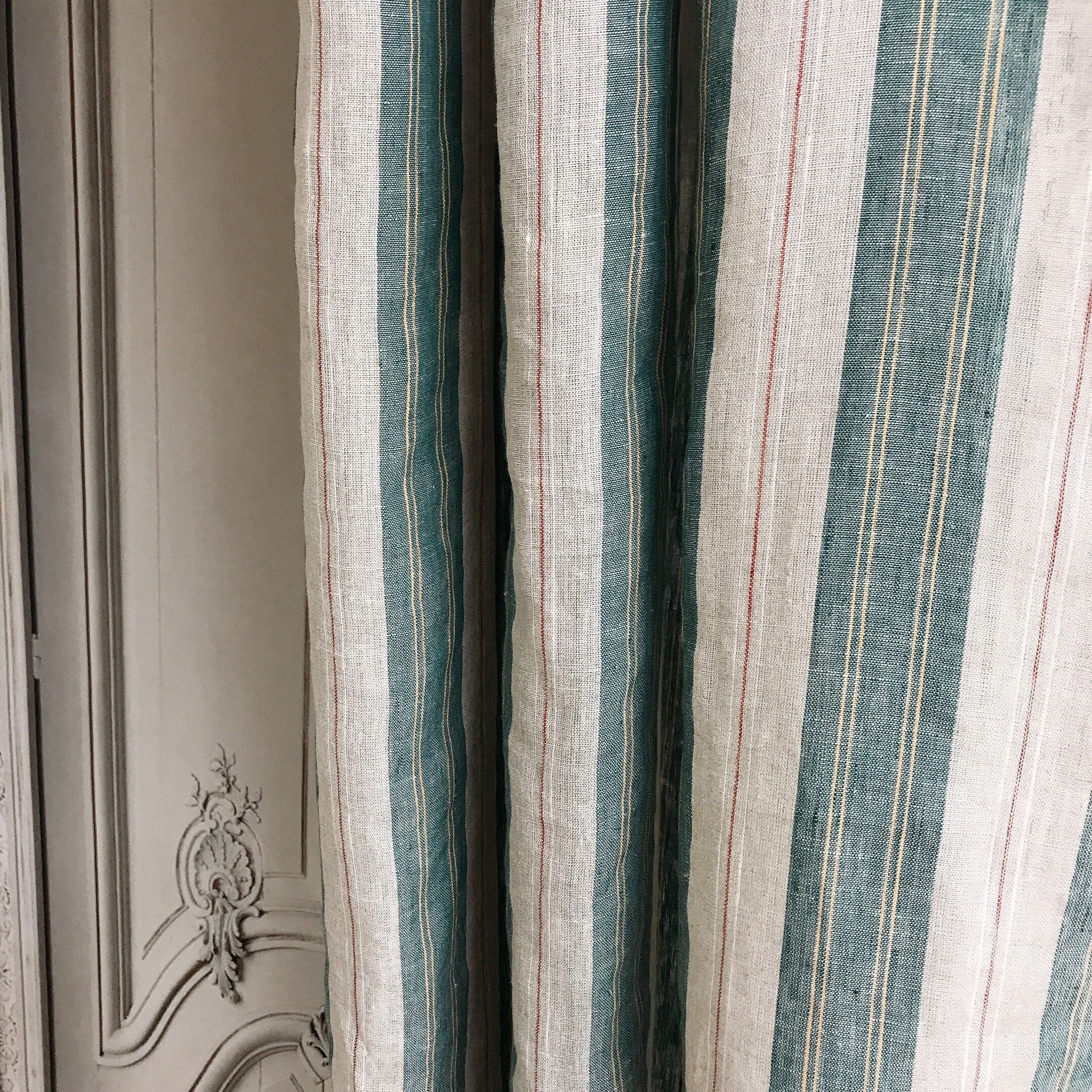 Teal Green and Red Vertical Stripe Linen Curtain on Natural Beige