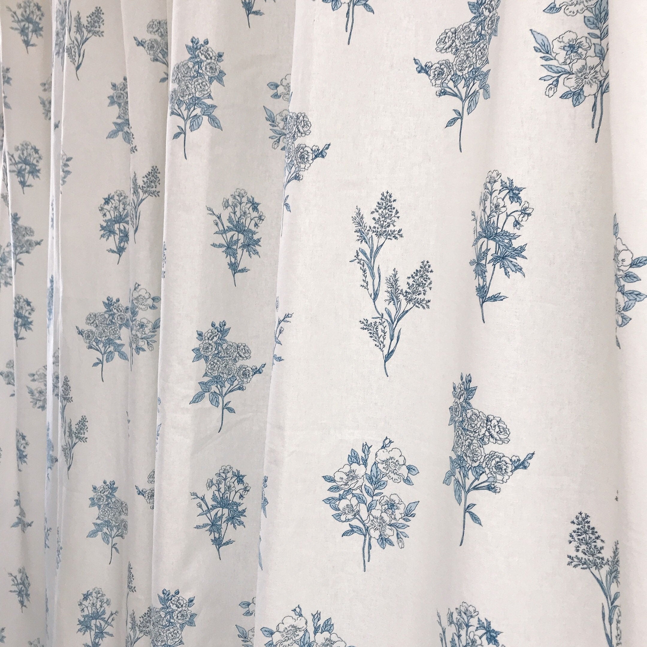 Blue Floral Curtain on Ivory