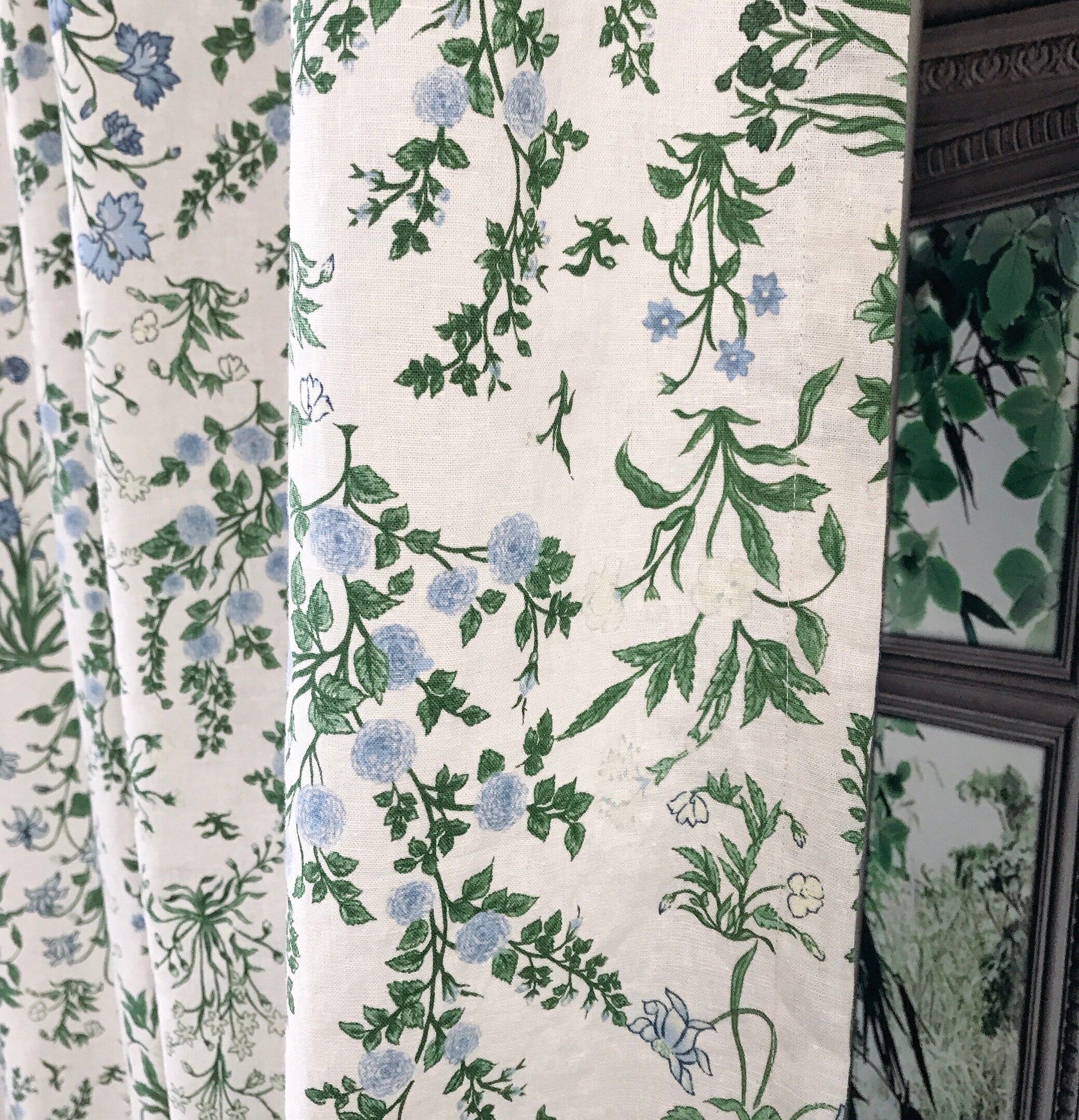 Light Sky Blue Floral Curtain on Pale Green Beige