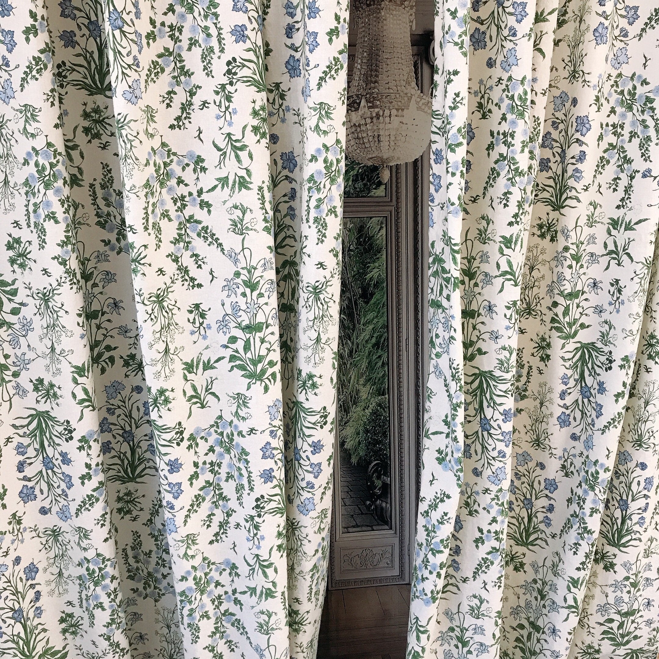 Light Sky Blue Floral Curtain on Pale Green Beige