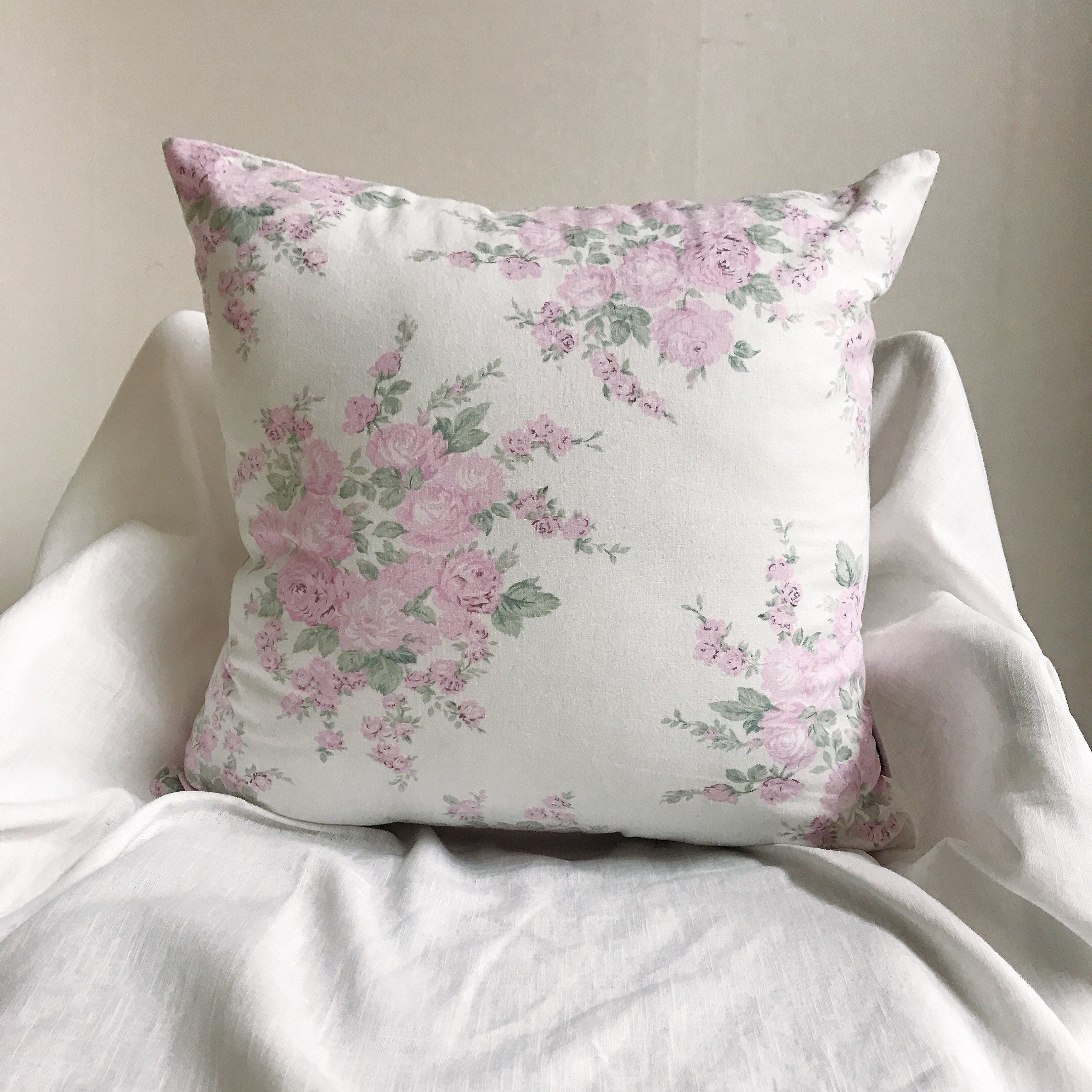Modern Vintage Light Pink Floral Pattern White Background Washed Linen Cotton Decorative Square Cushion Throw Pillow Cover 18 inches
