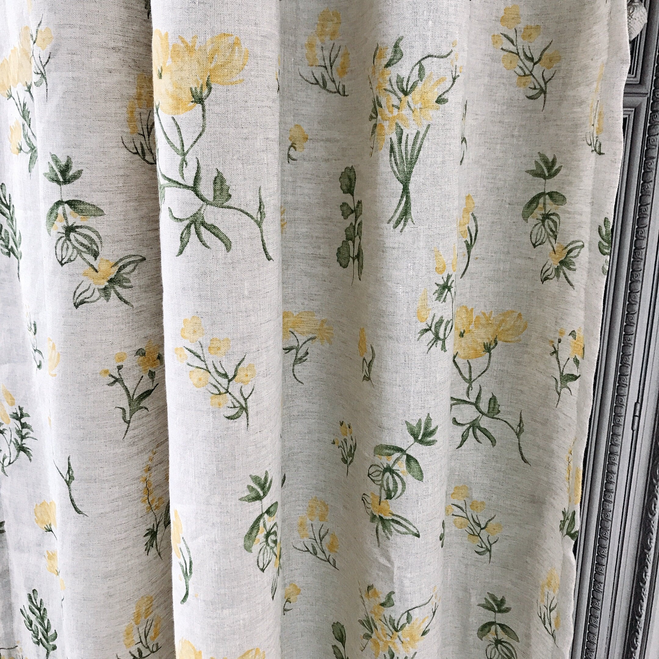 Pale Yellow Floral Curtain on Soft Light Melange