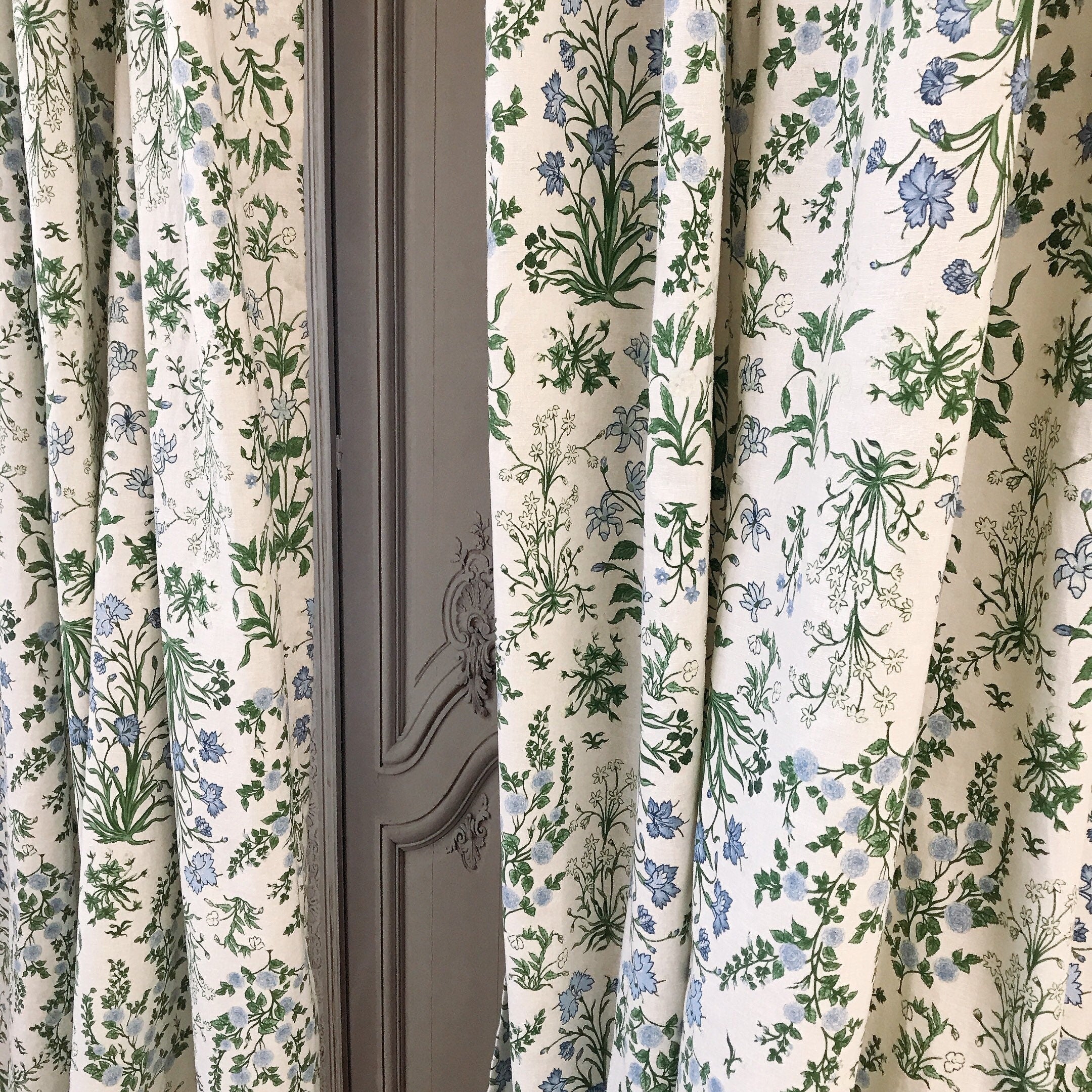 Light Sky Blue Floral Curtain on Pale Green Beige