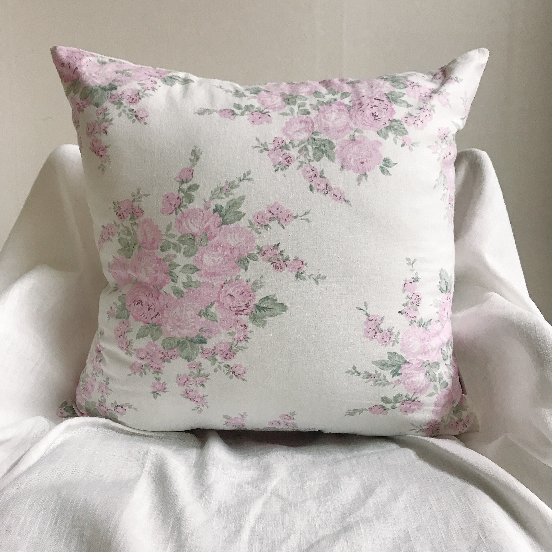Modern Vintage Light Pink Floral Pattern White Background Washed Linen Cotton Decorative Square Cushion Throw Pillow Cover 18 inches