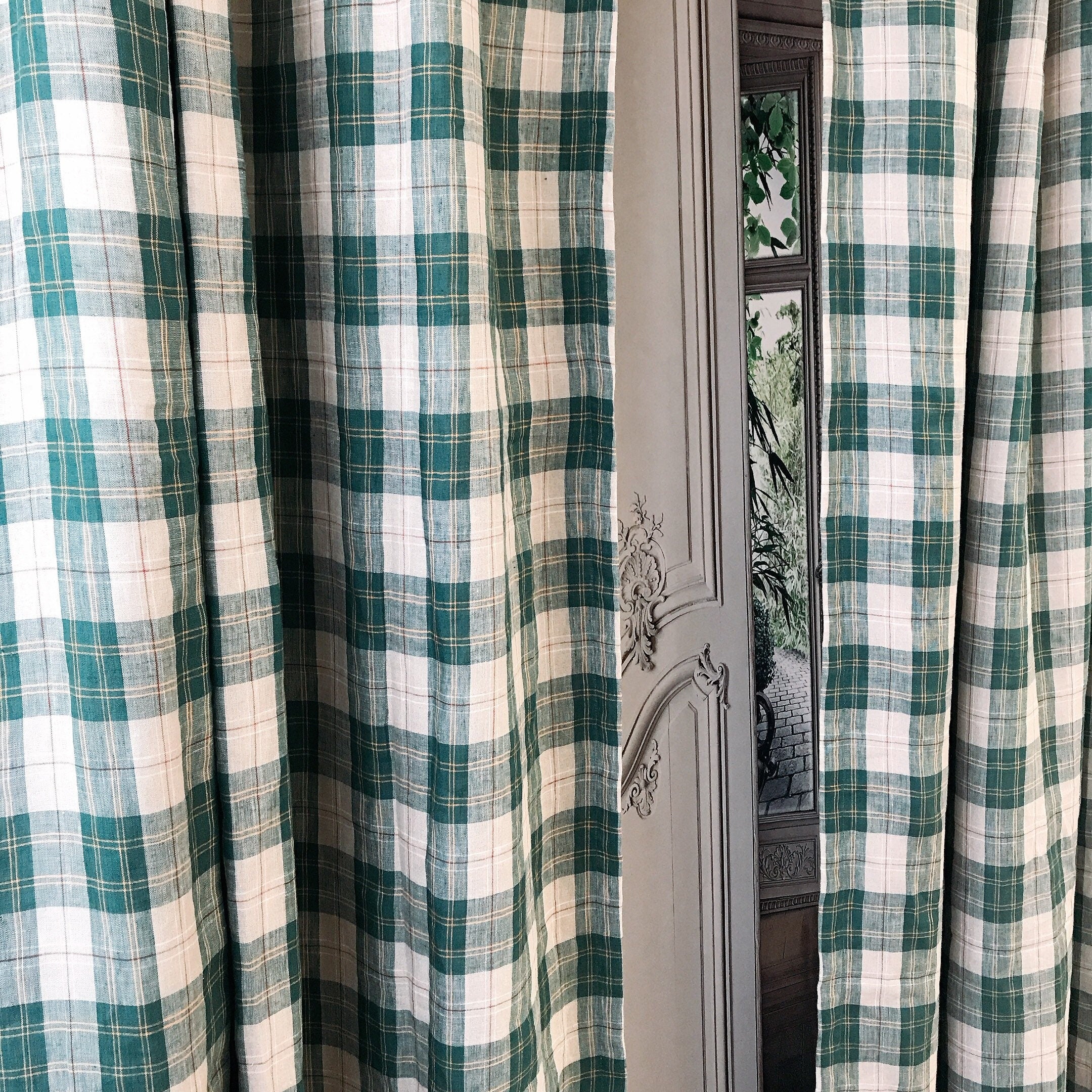 Teal Green Red Plaid Curtain on Natural Beige