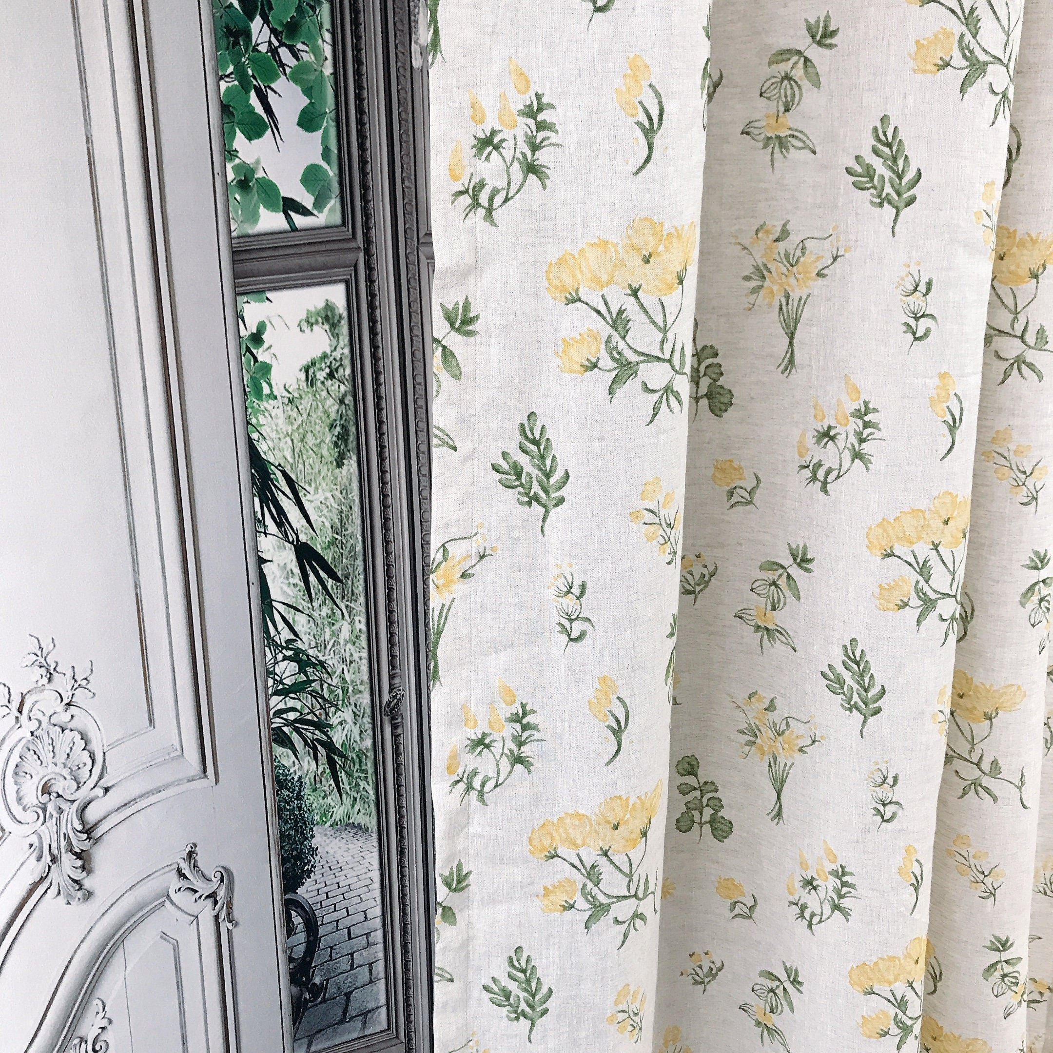 Pale Yellow Floral Curtain on Soft Light Melange