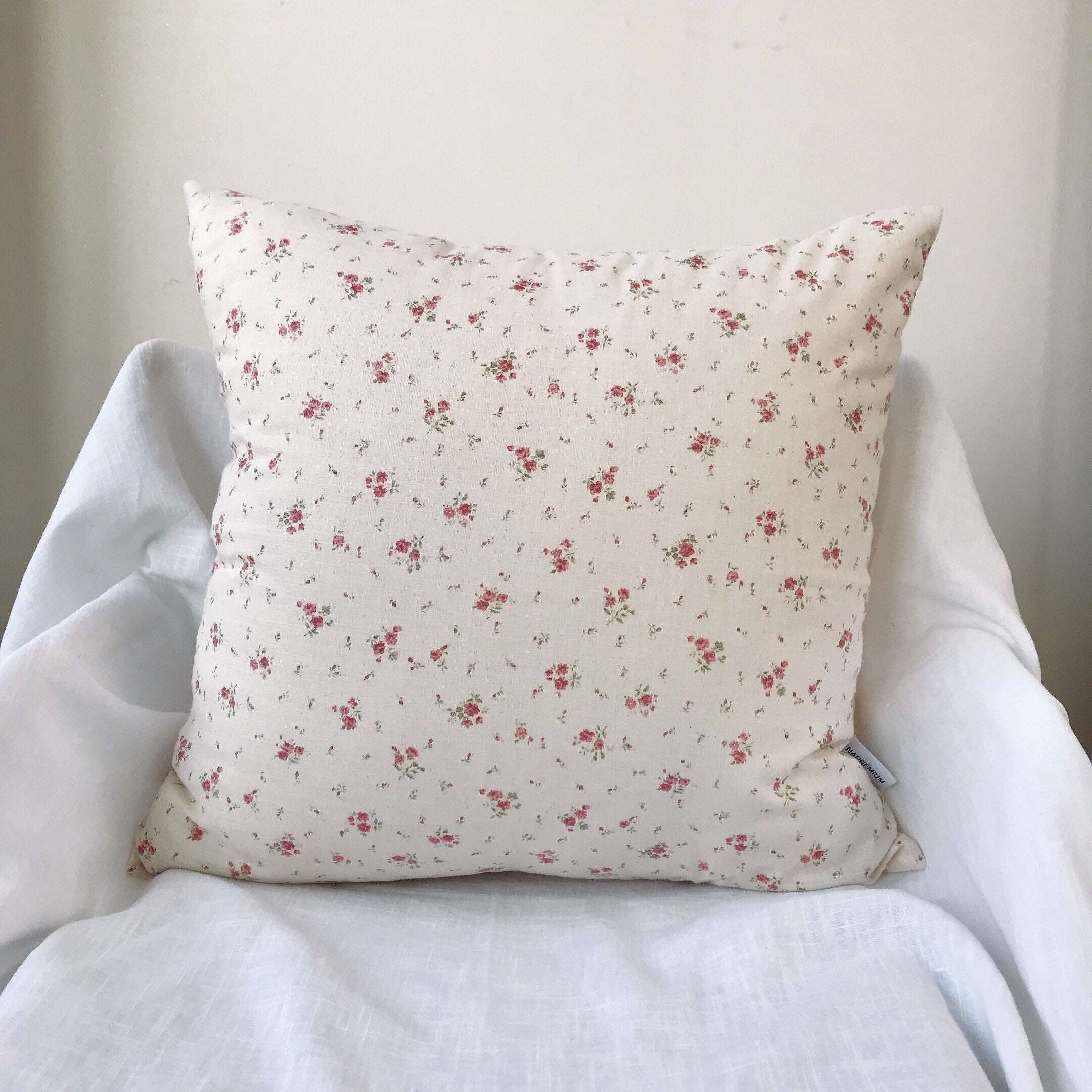 Modern Vintage Light Burgundy Floral Pattern Natural Beige Background Washed Cotton Decorative Square Cushion Throw Pillow Cover 18 inch