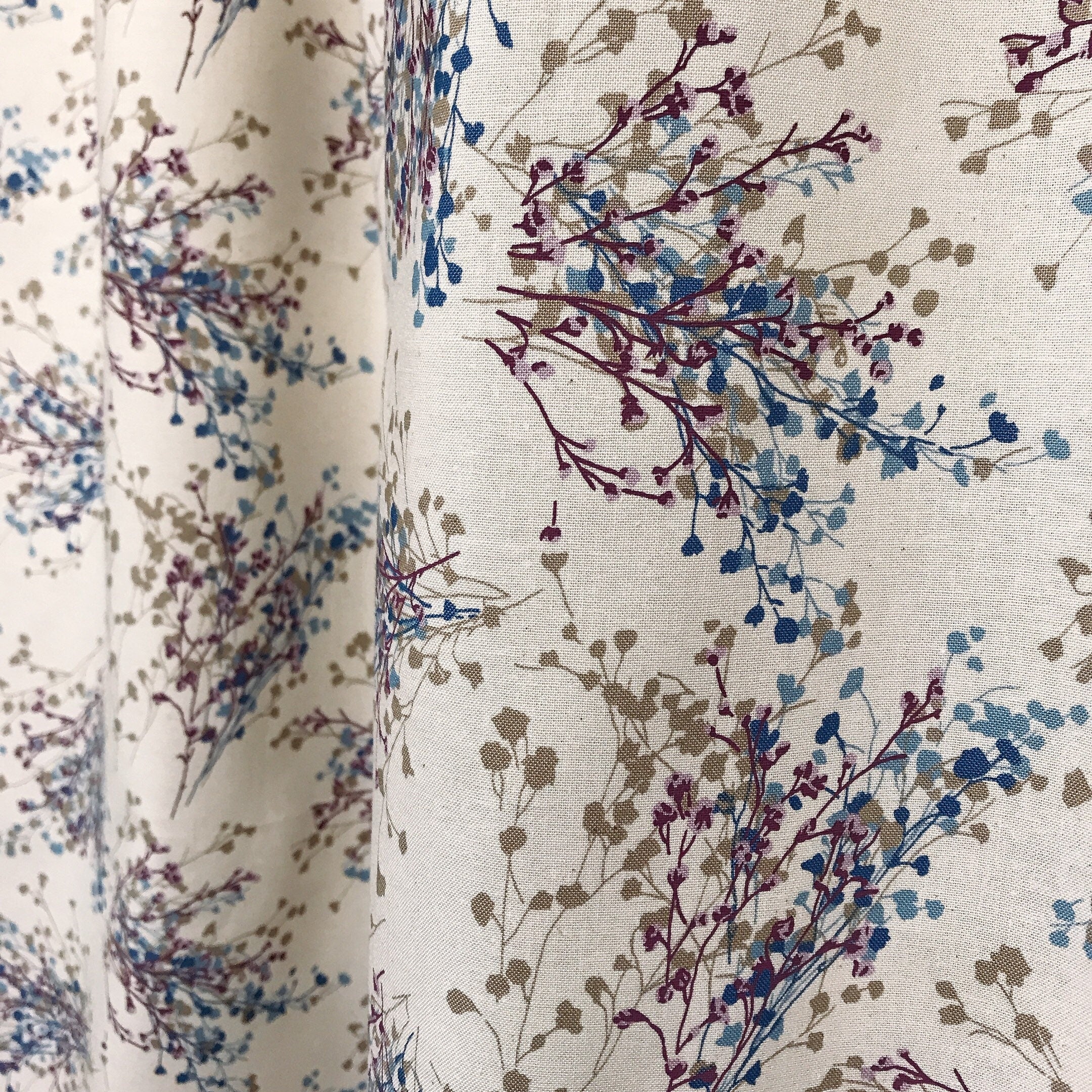 Purple and Mocha Brown Petite Floral Curtain on Natural Ivory