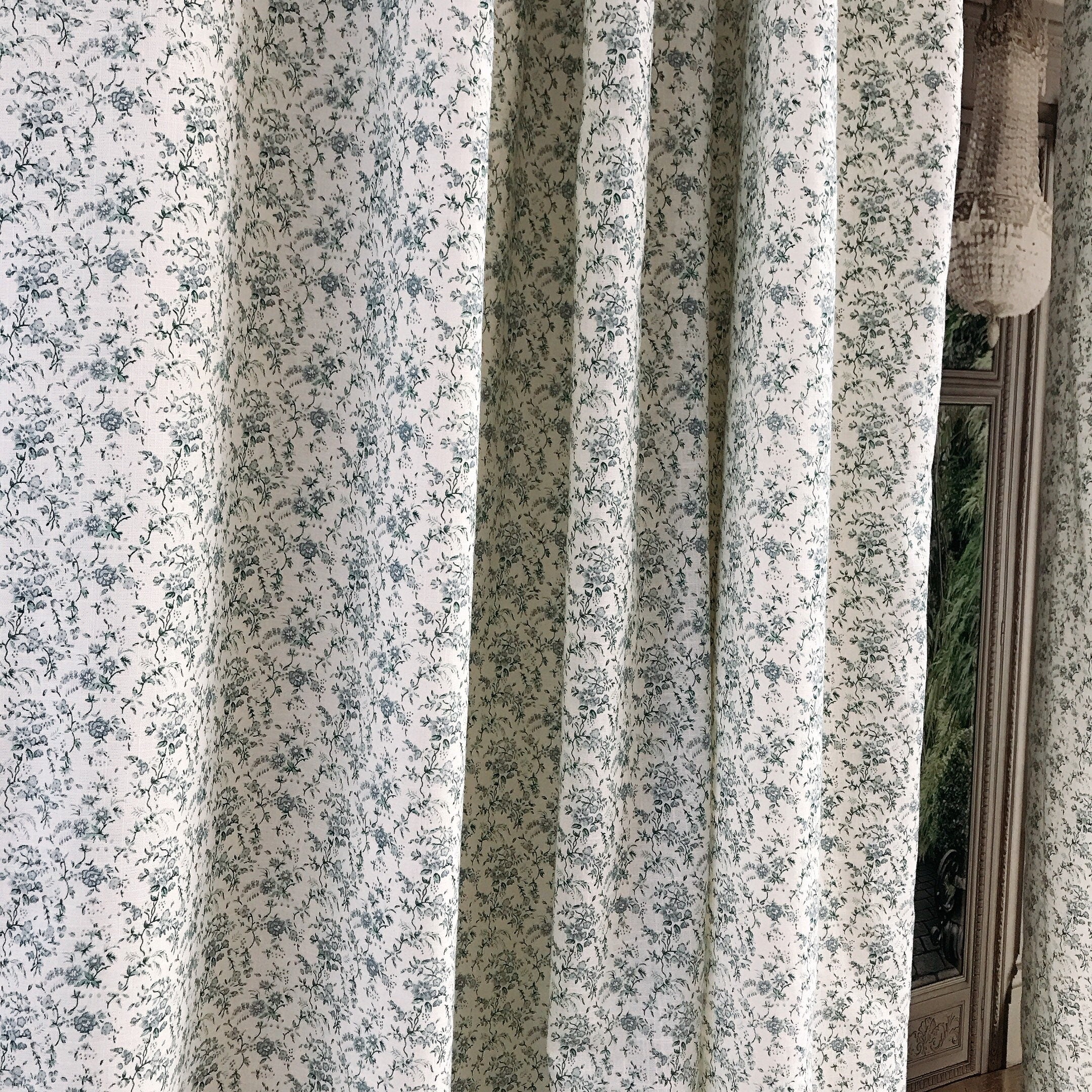 Green and Grey Botanical Curtain on Natural Beige