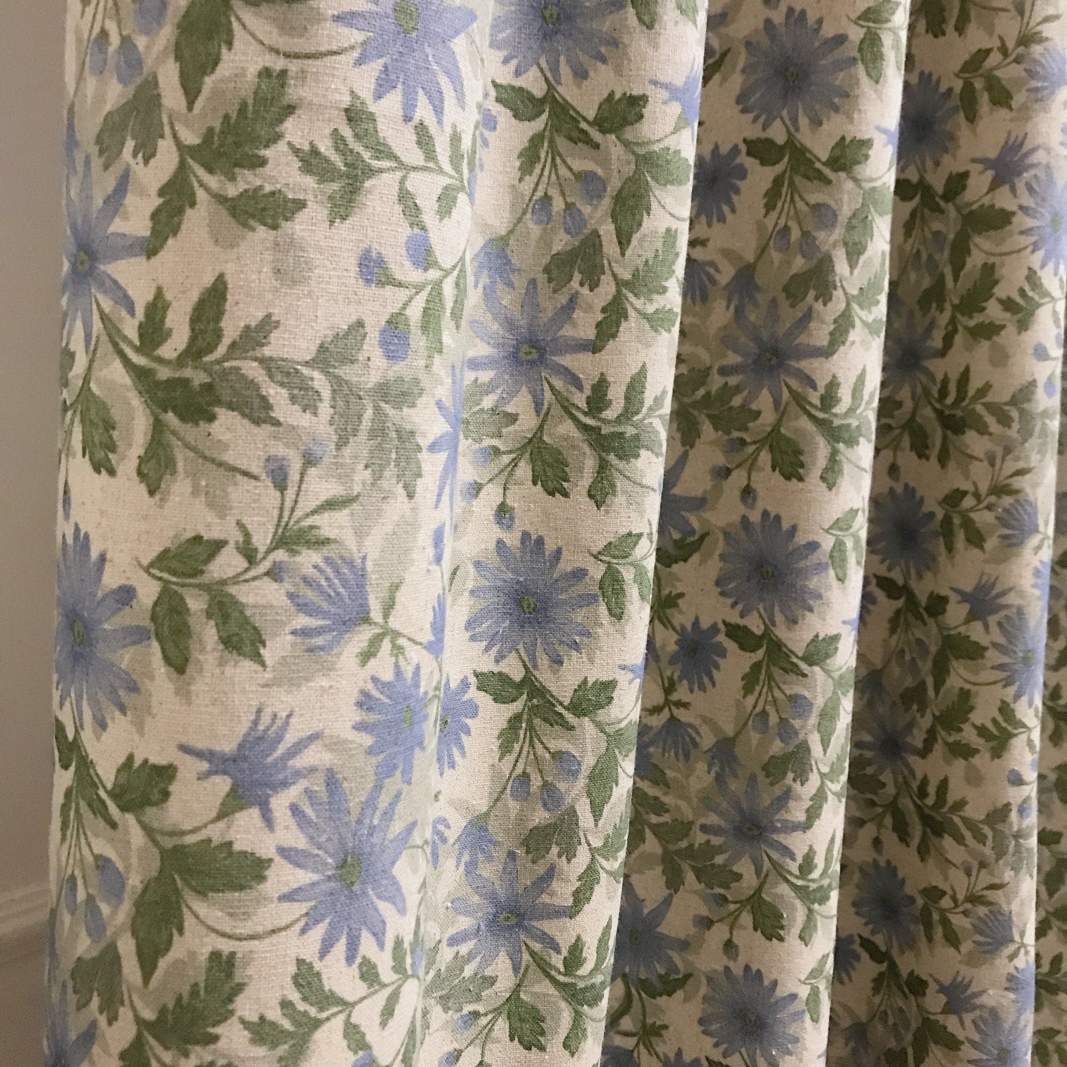 Pale Blue and Sage Floral Curtain on Natural Beige