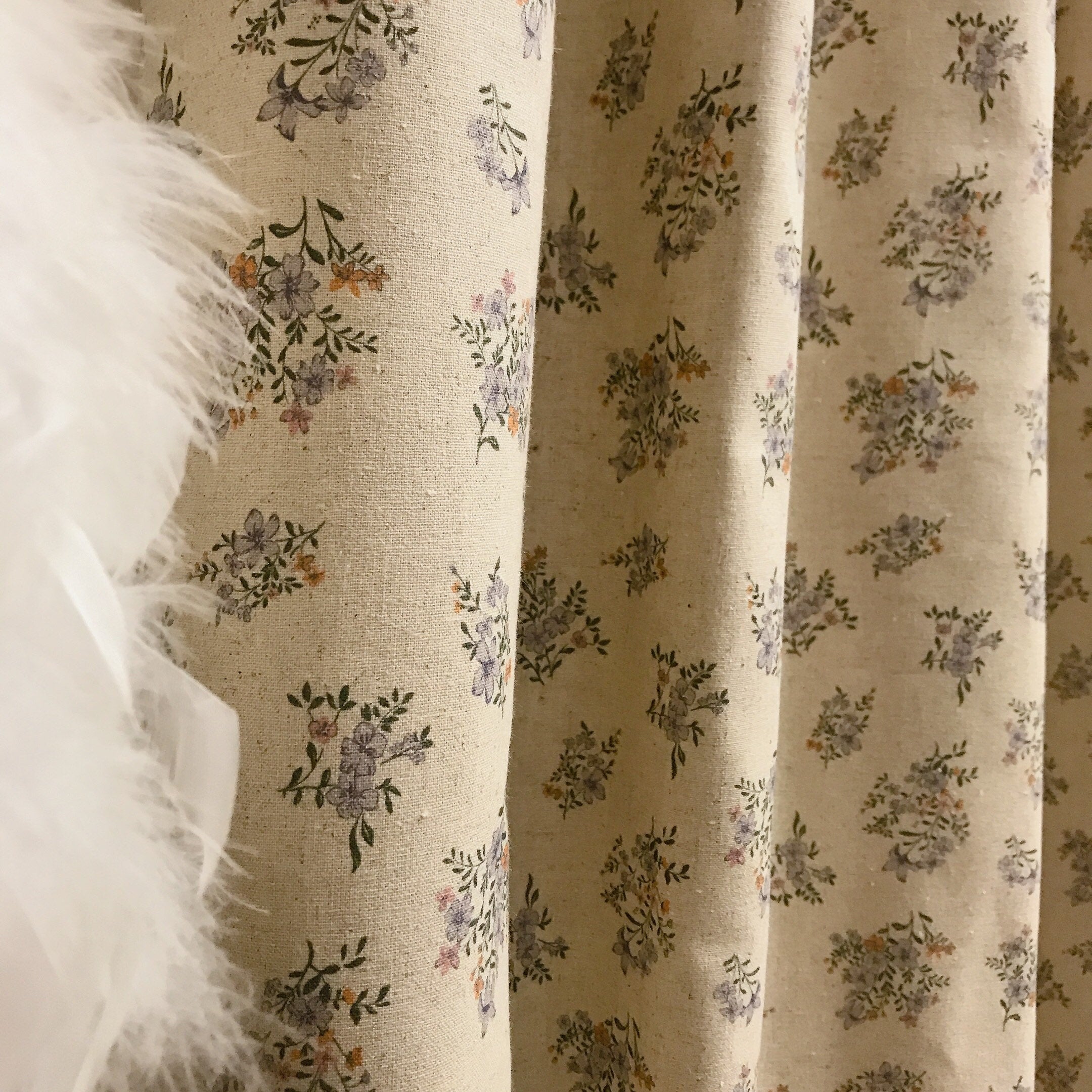 Light Purple and Coral Orange Floral Curtain on Natural Beige