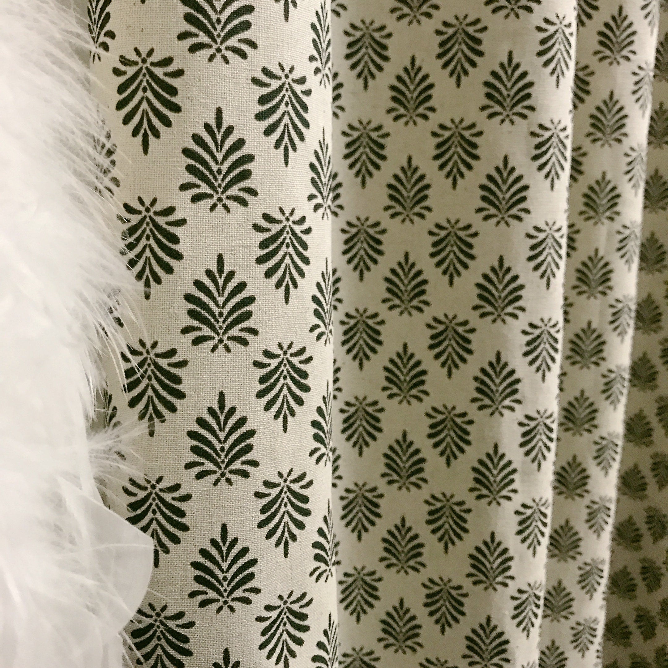 Deep Green Leaf Curtain on Natural Beige