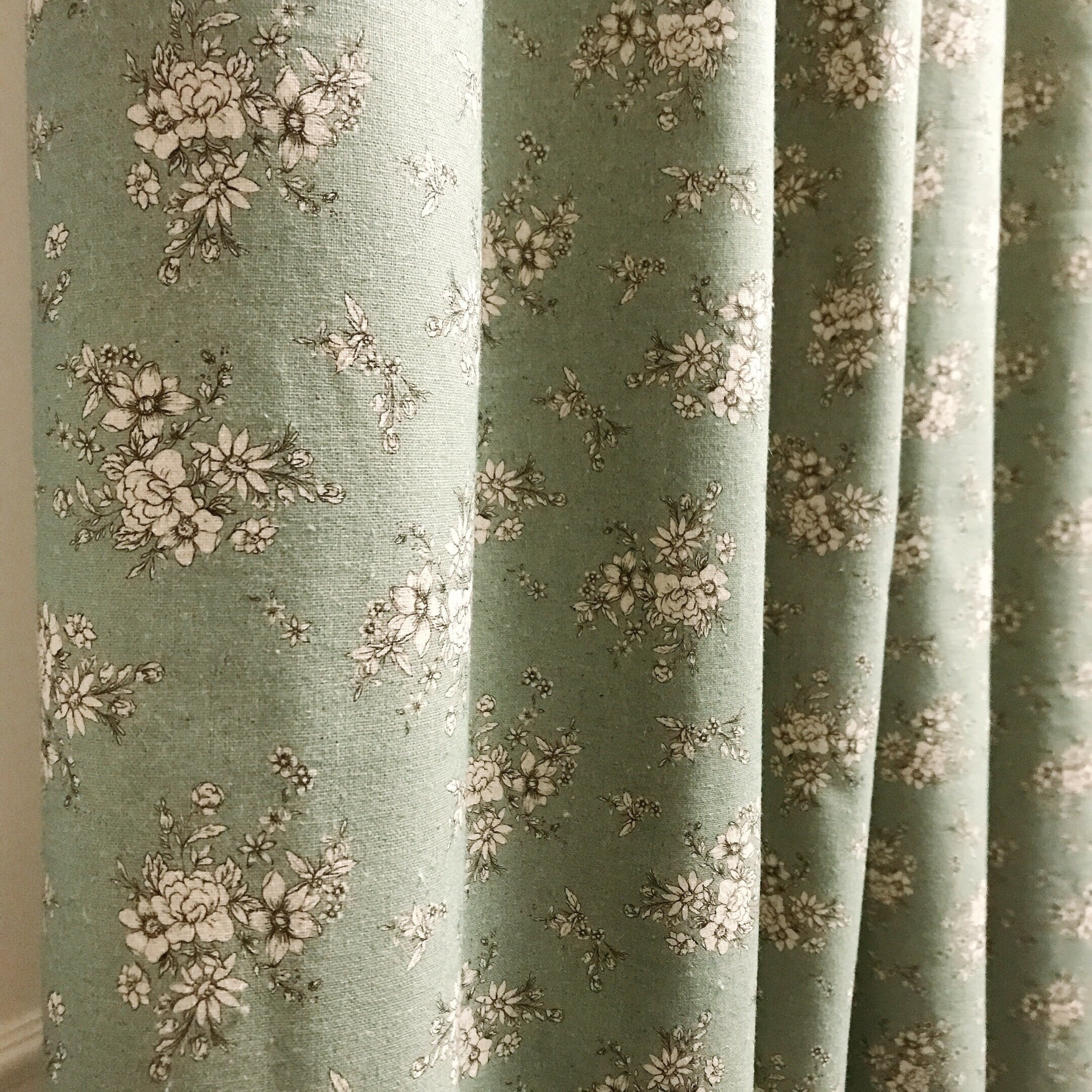 Natural Beige Floral Curtain on Sage Green