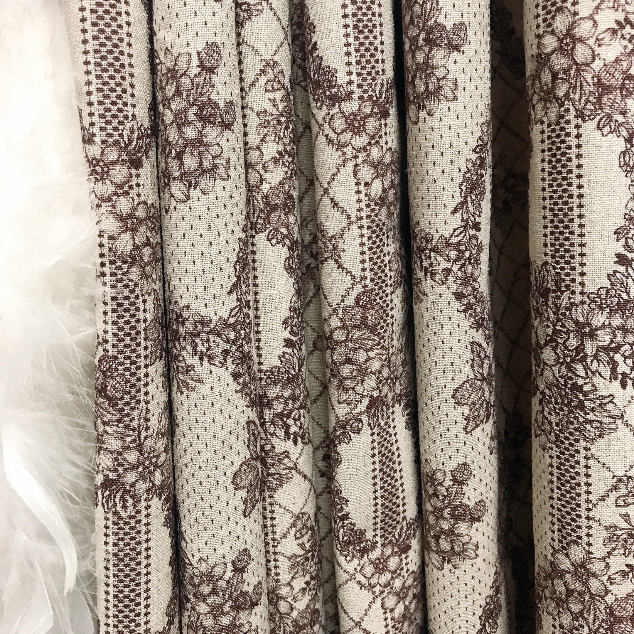 Reddish Brown Floral Lace Curtain on Natural Beige