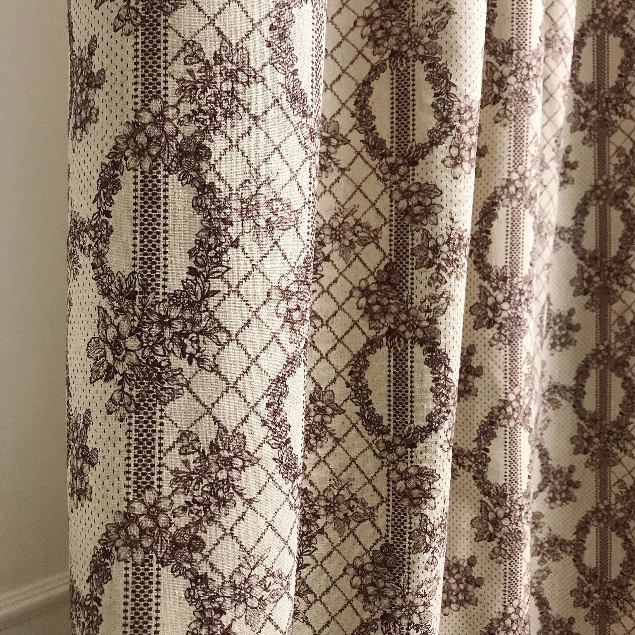 Reddish Brown Floral Lace Curtain on Natural Beige