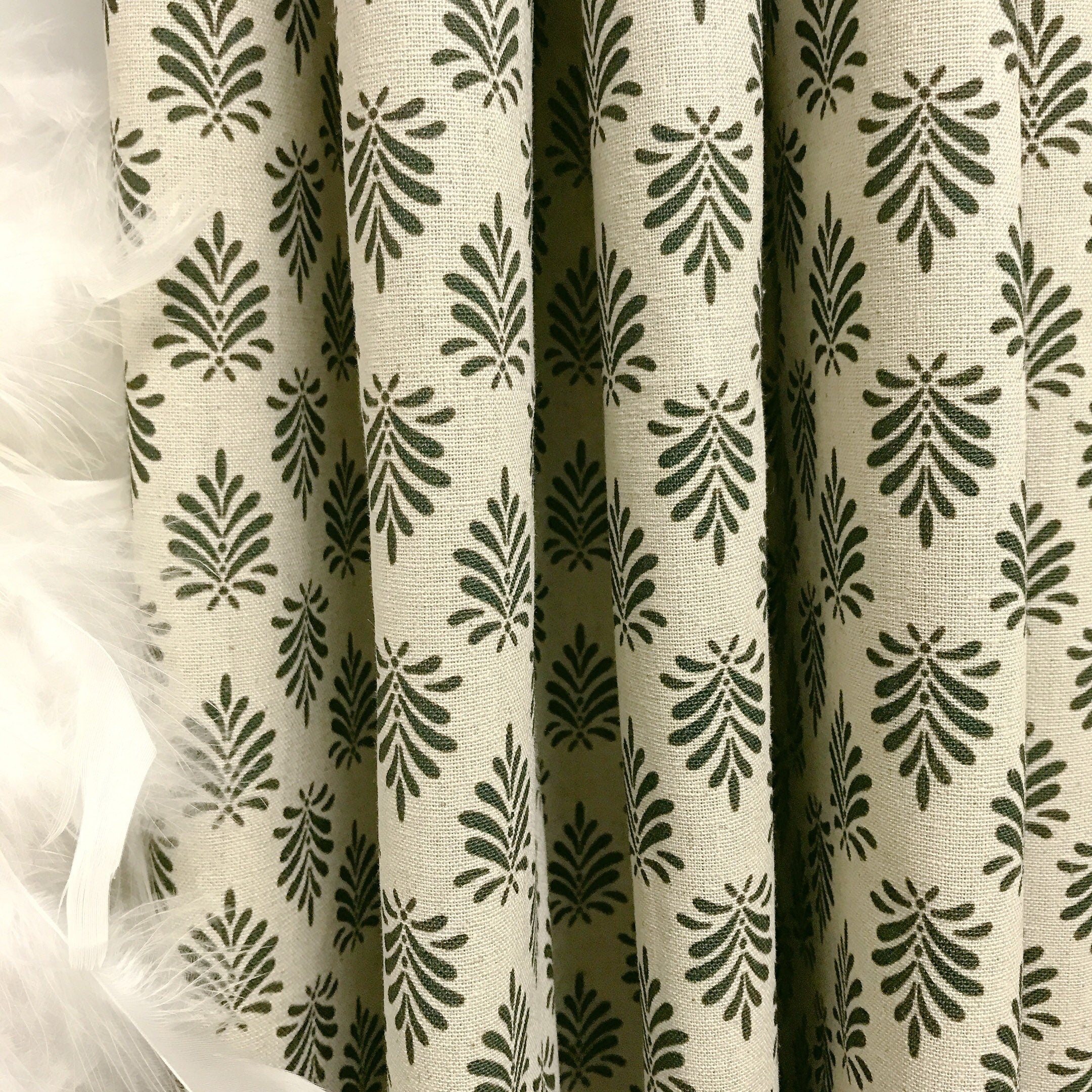 Deep Green Leaf Curtain on Natural Beige