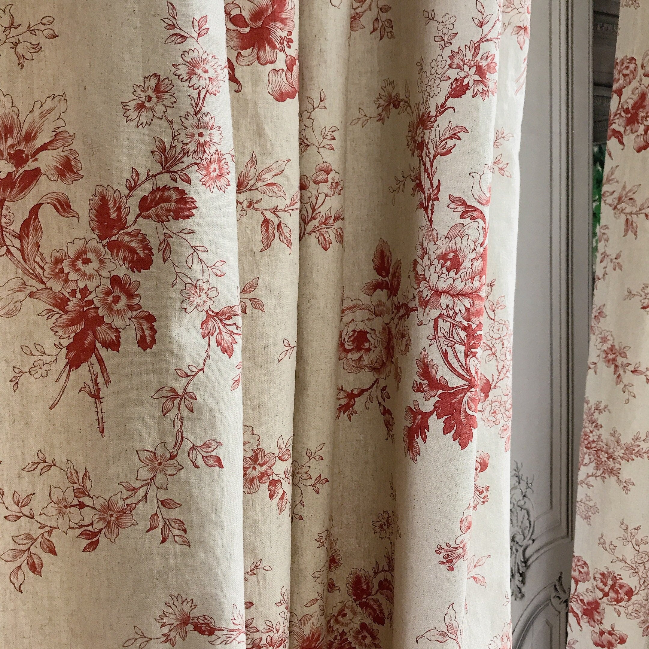 Red Floral Curtain on Natural Beige