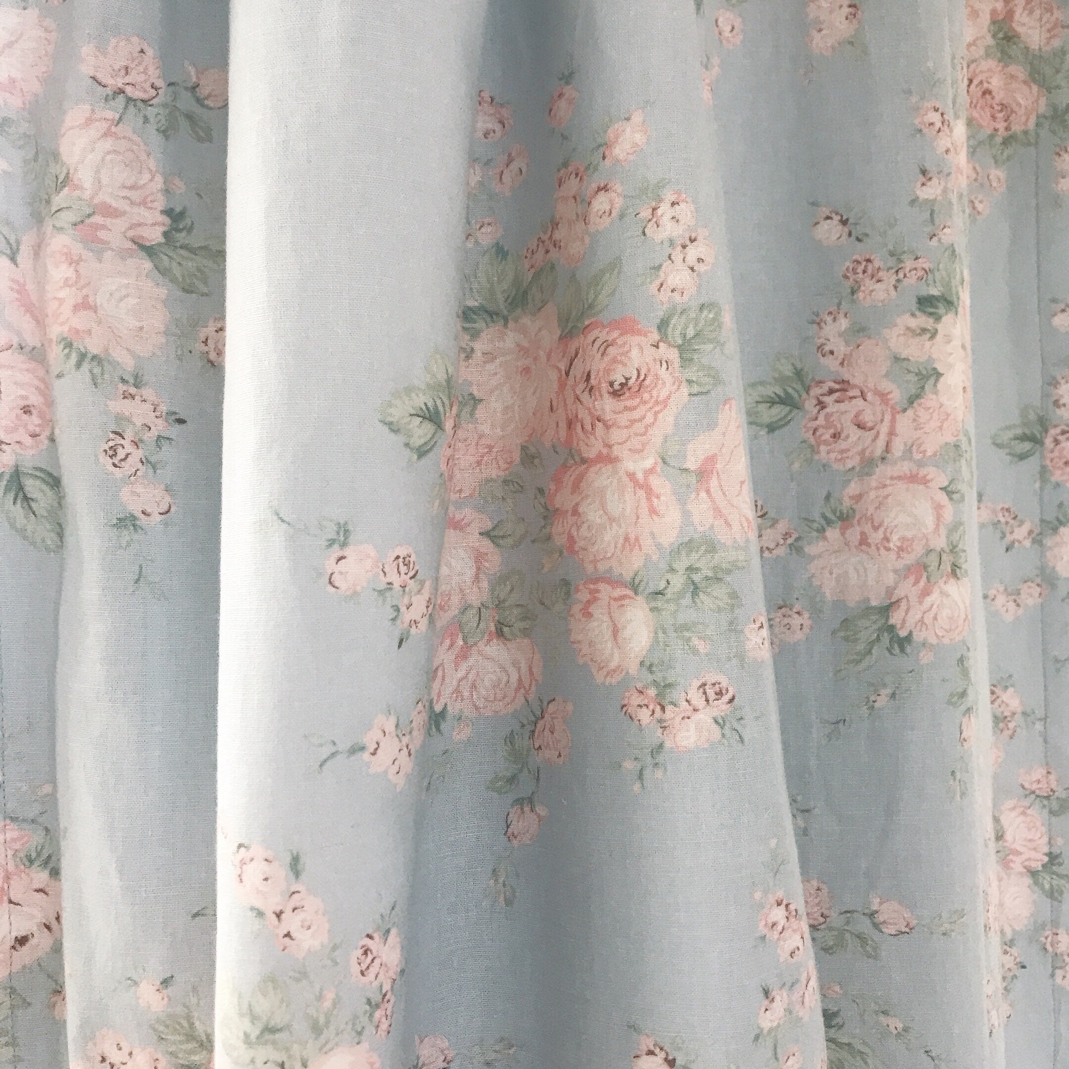 Peach and Baby Pink Floral Curtain on Light Blue