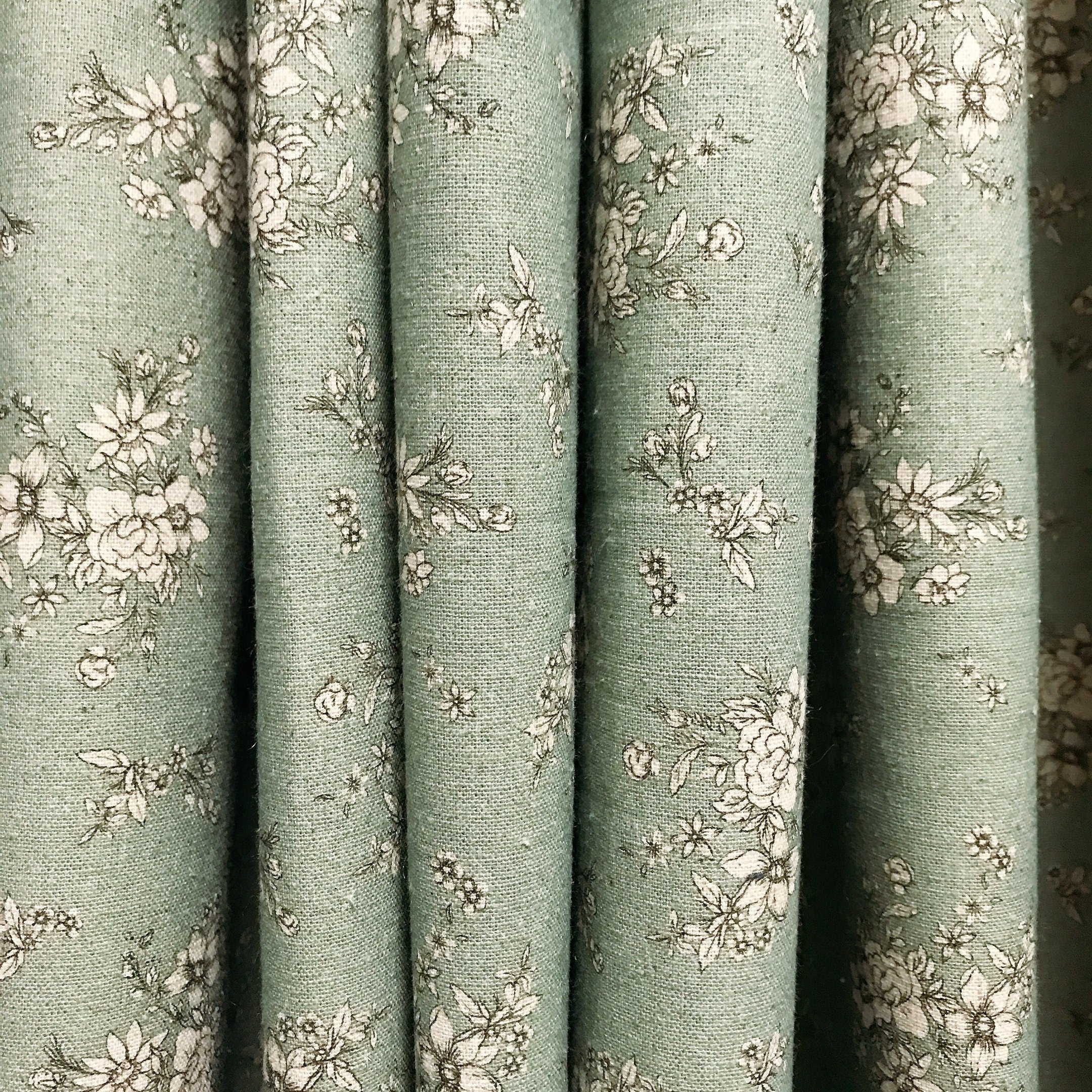 Natural Beige Floral Curtain on Sage Green