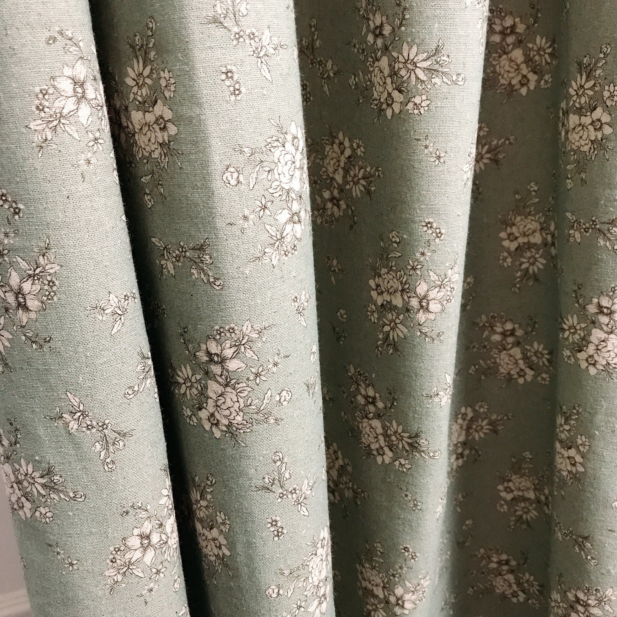 Natural Beige Floral Curtain on Sage Green