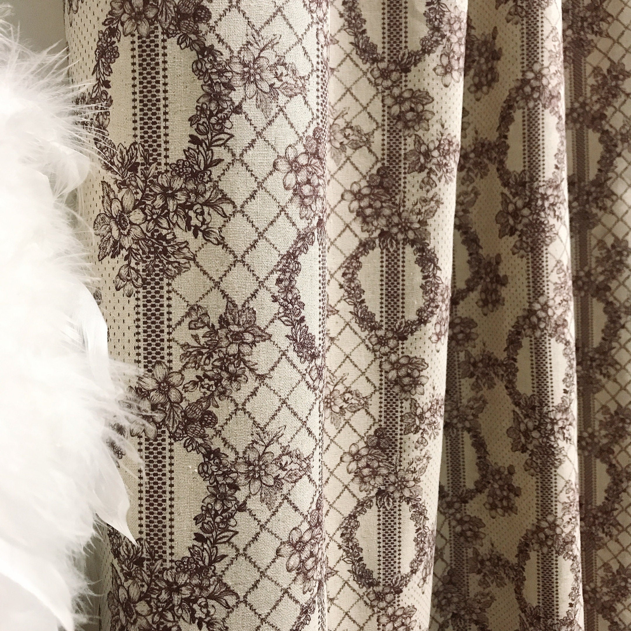 Reddish Brown Floral Lace Curtain on Natural Beige