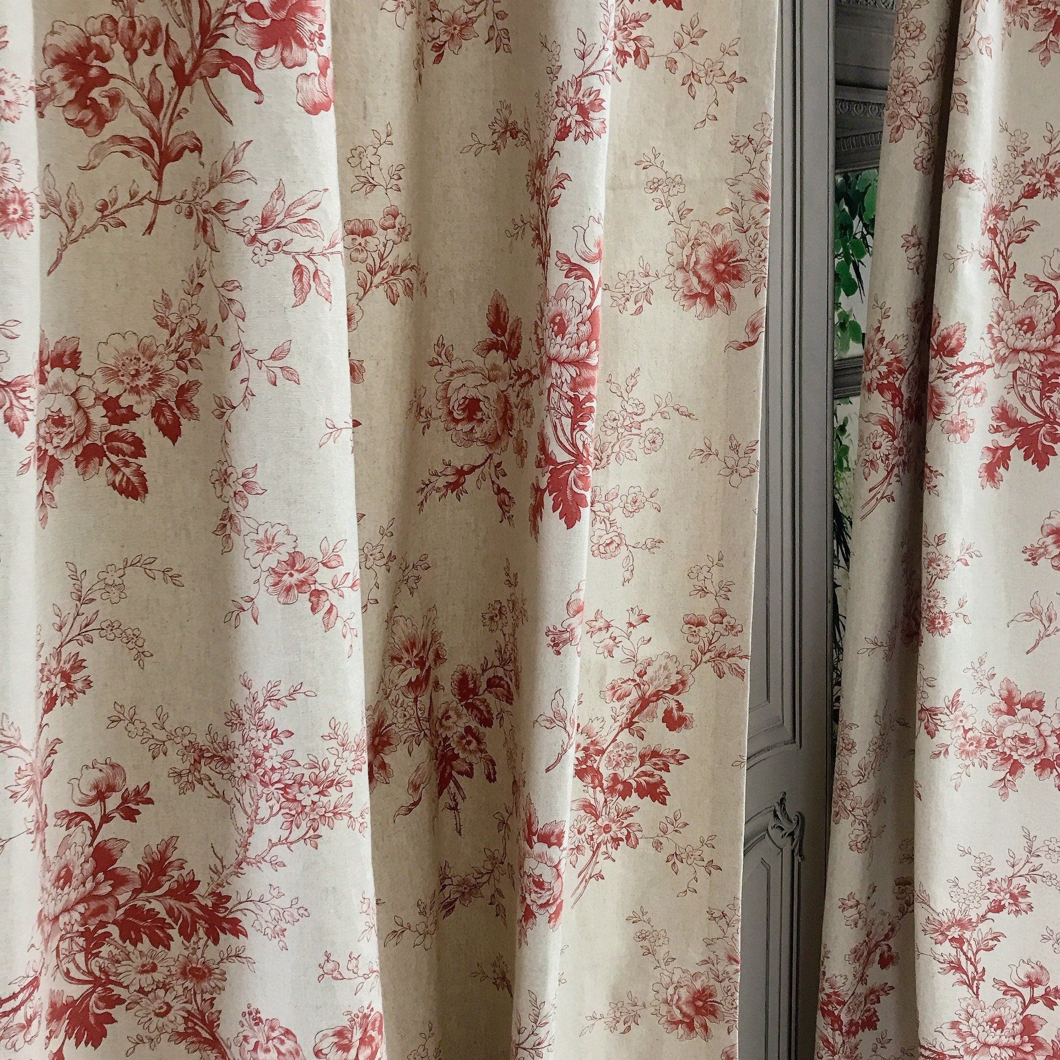Red Floral Curtain on Natural Beige
