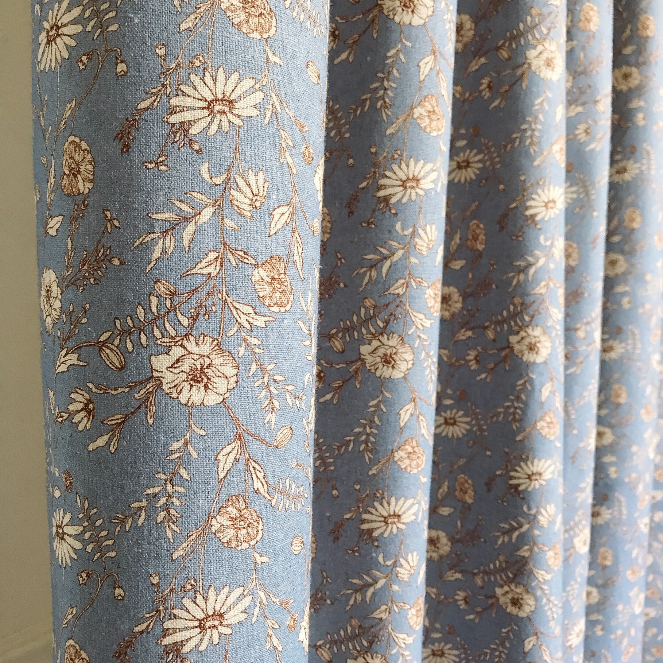 Natural Beige Floral Curtain on Blue Grey
