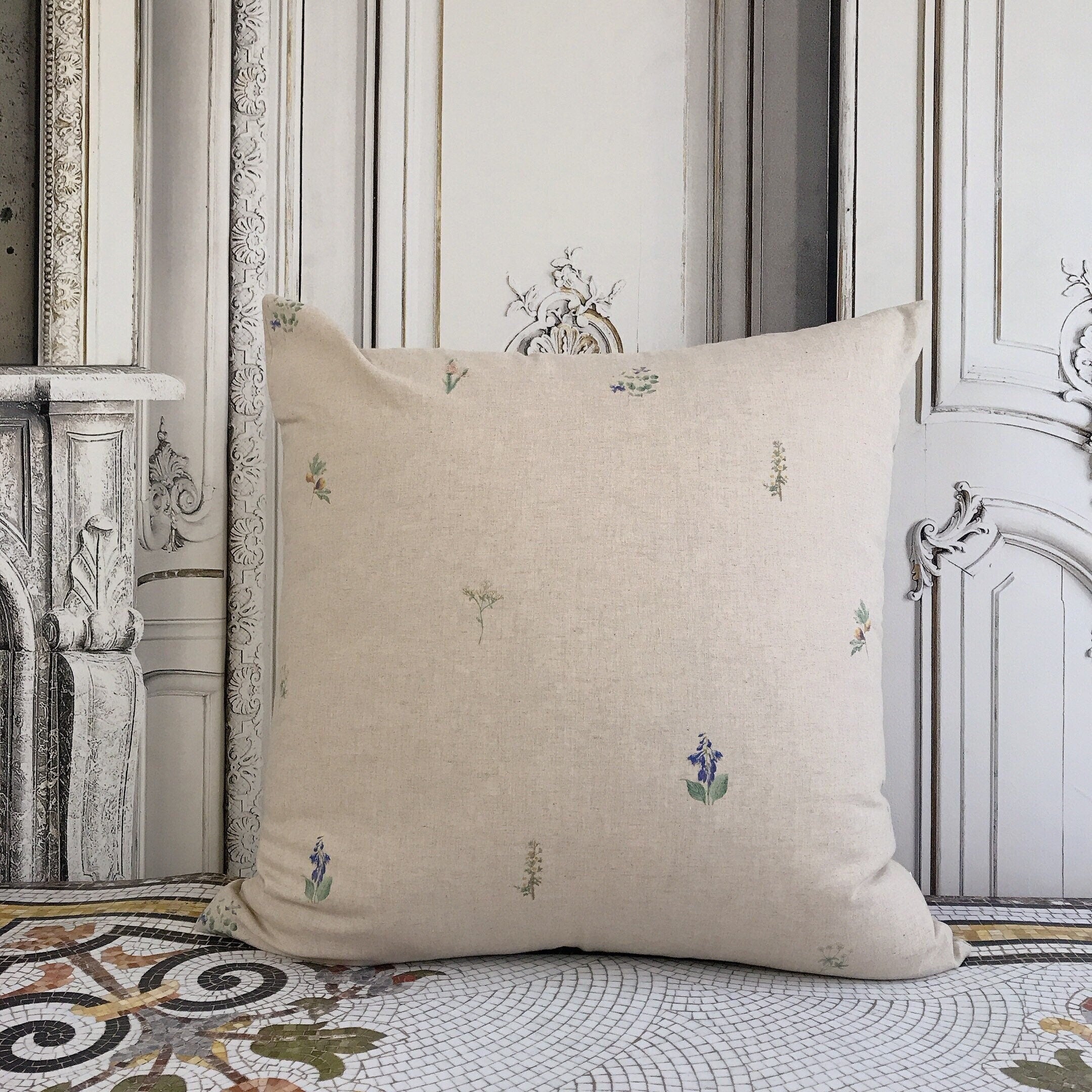 Subtle Botanical Euro Sham Cover on Natural Beige