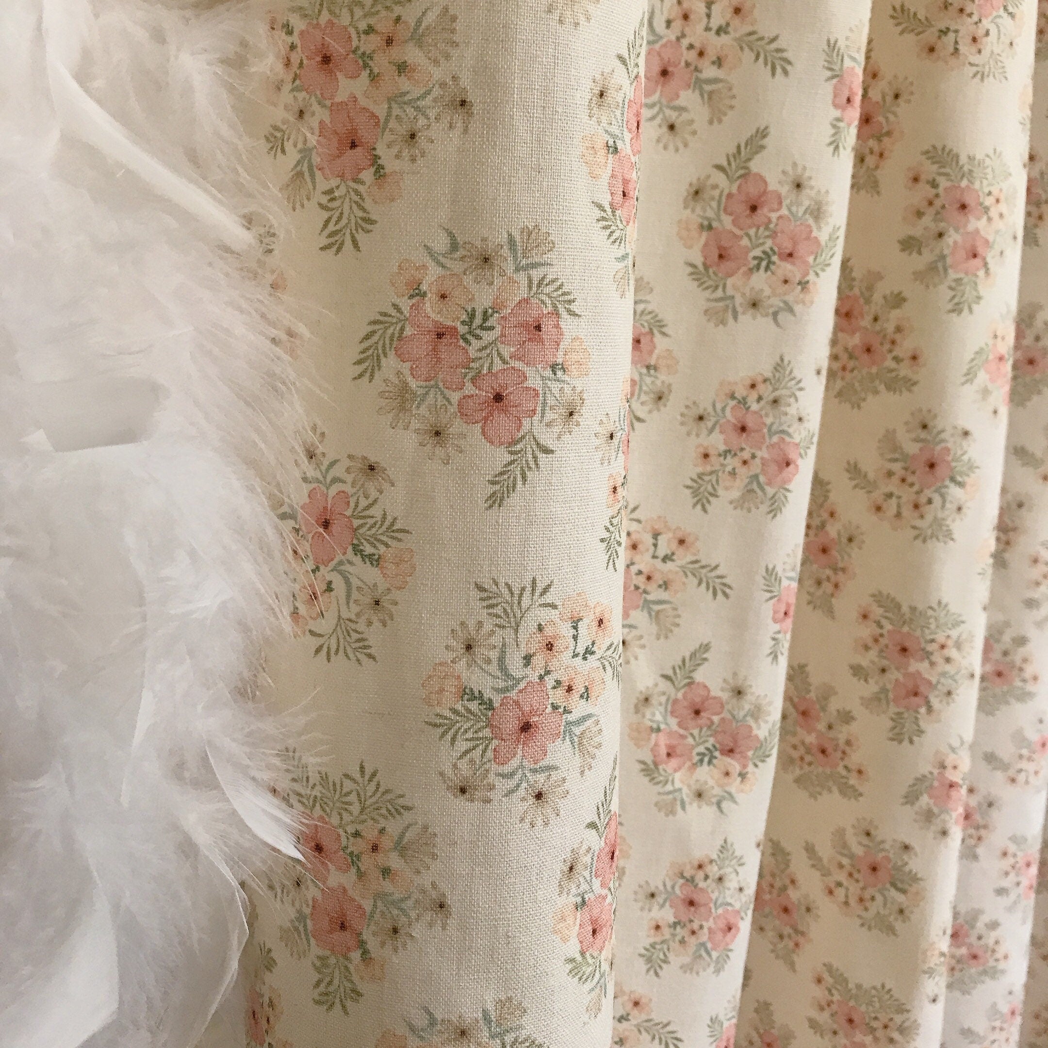 Salmon Pink Floral Curtain on Cream Beige