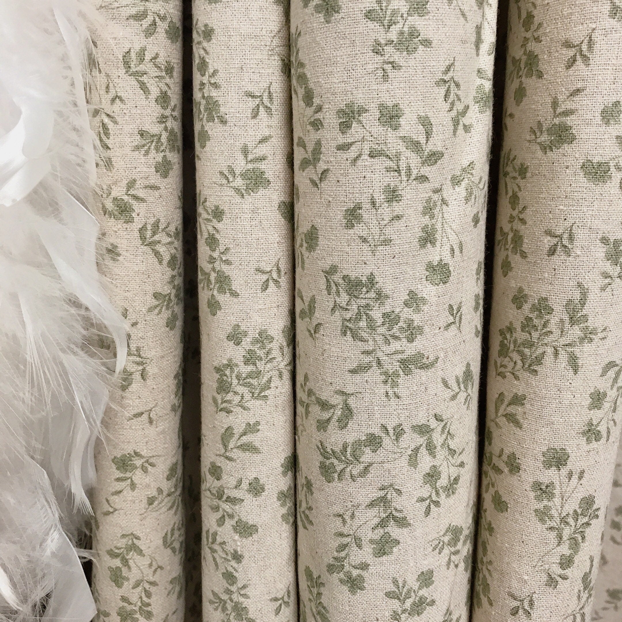 Sage Green Floral Cotton Curtain on Natural Beige