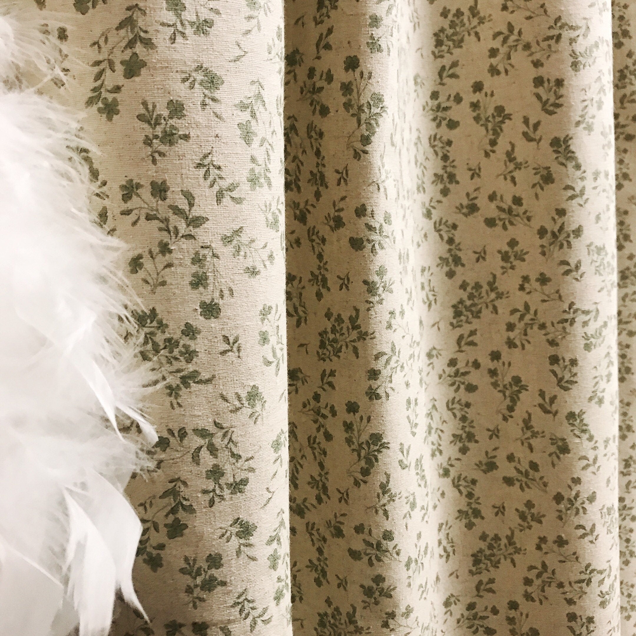 Sage Green Floral Cotton Curtain on Natural Beige