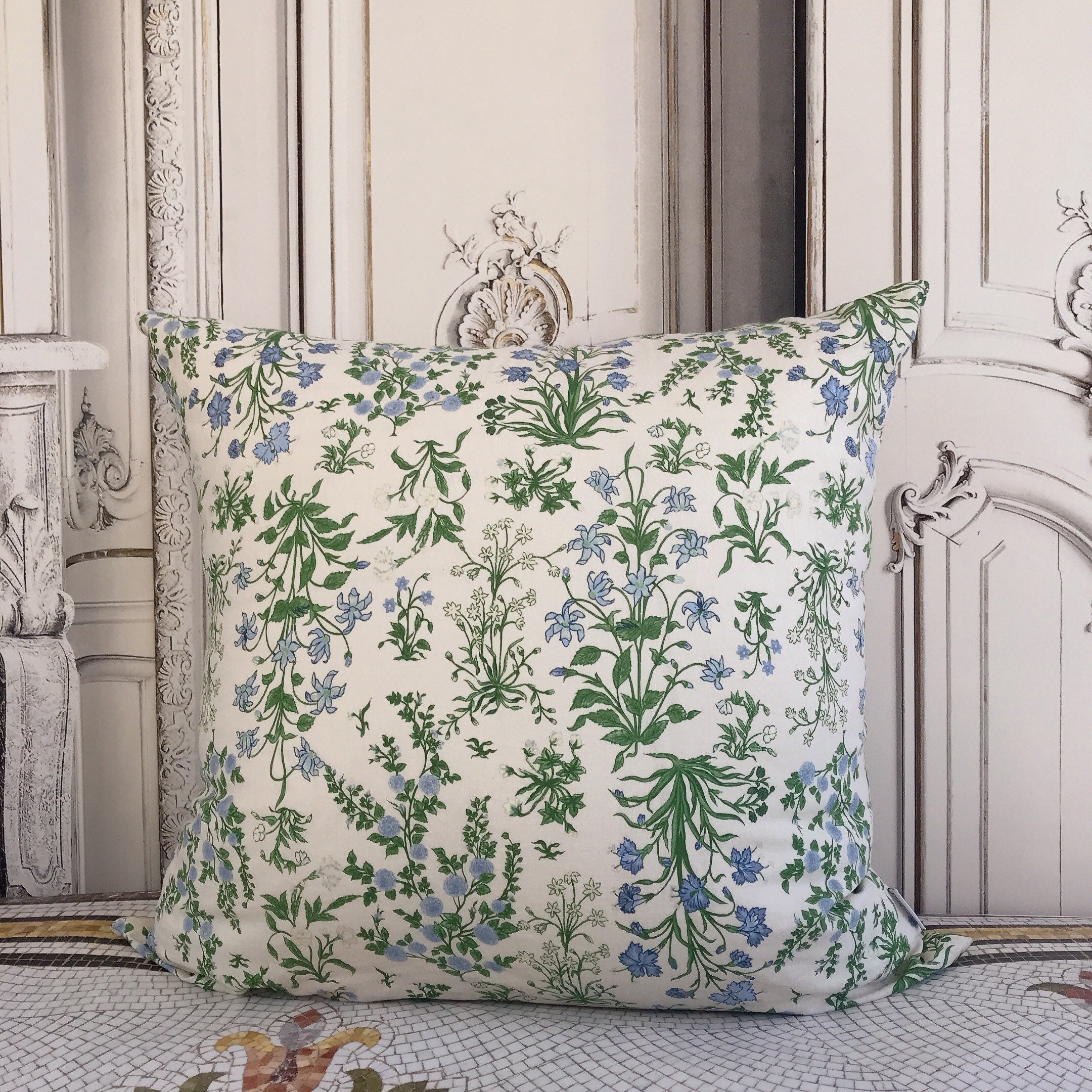 Light Sky Blue Floral Cushion Cover on Pale Green Beige