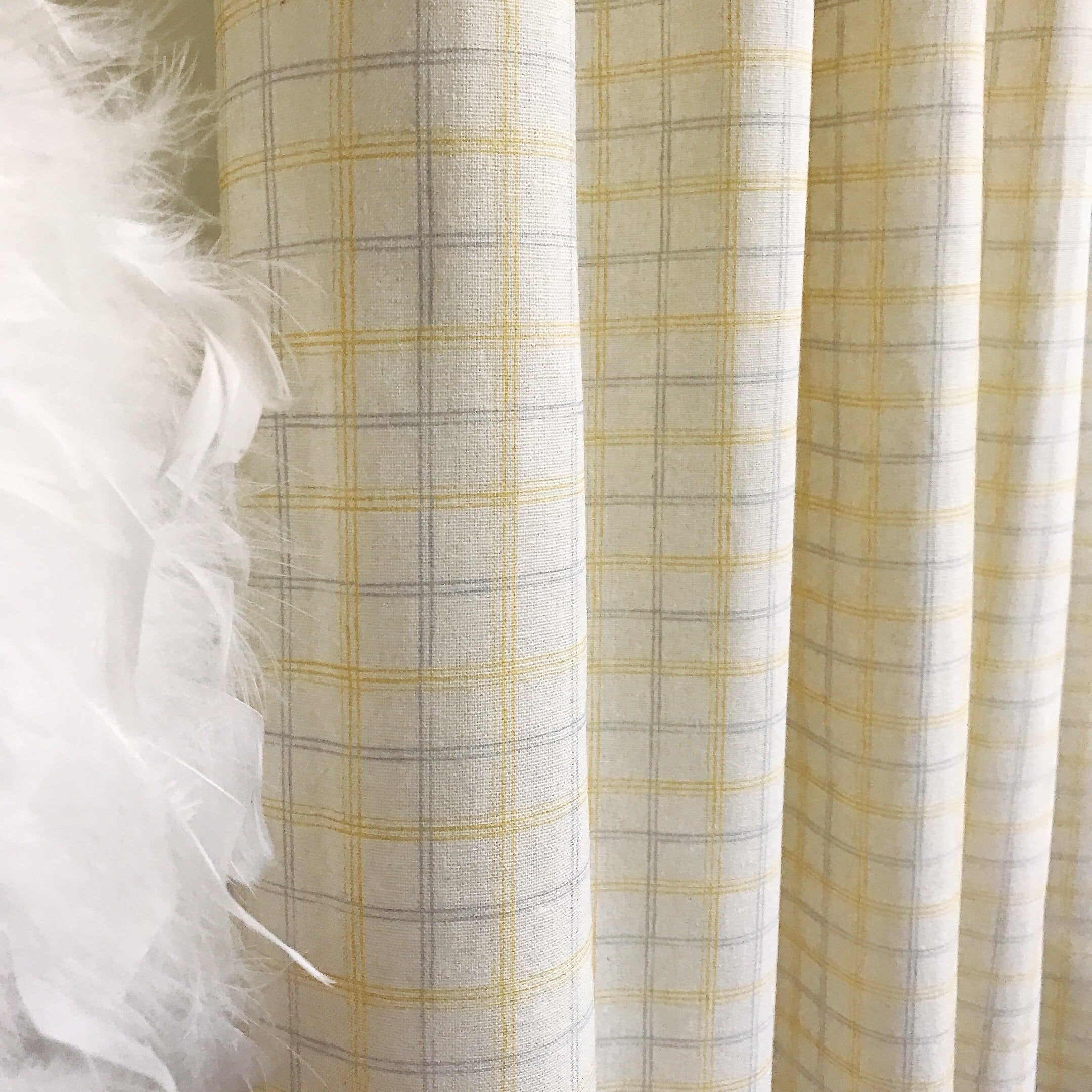Plaid Mustard Blue Grey Pattern Linen Cotton Curtain Ivory Drapery