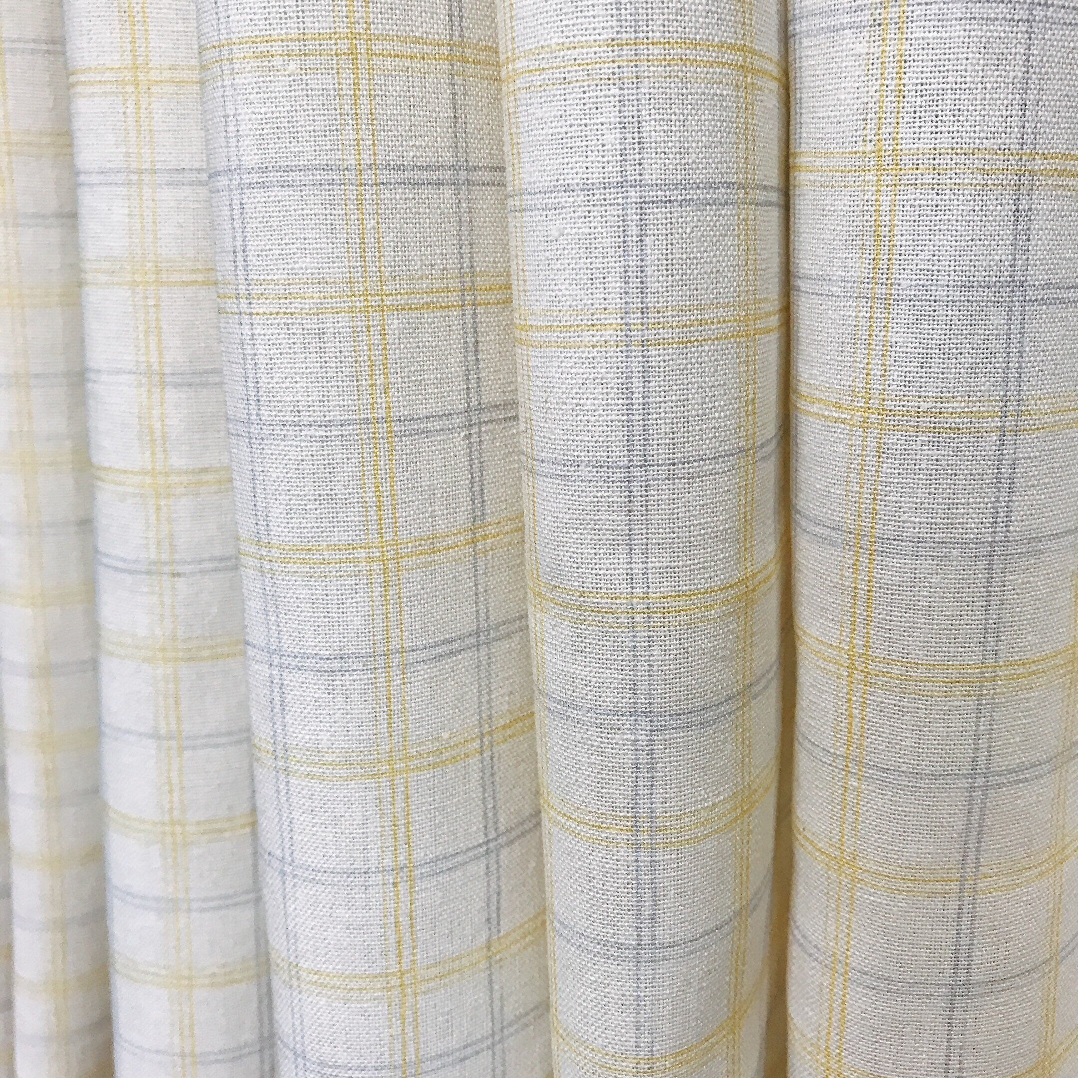 Plaid Mustard Blue Grey Pattern Linen Cotton Curtain Ivory Drapery