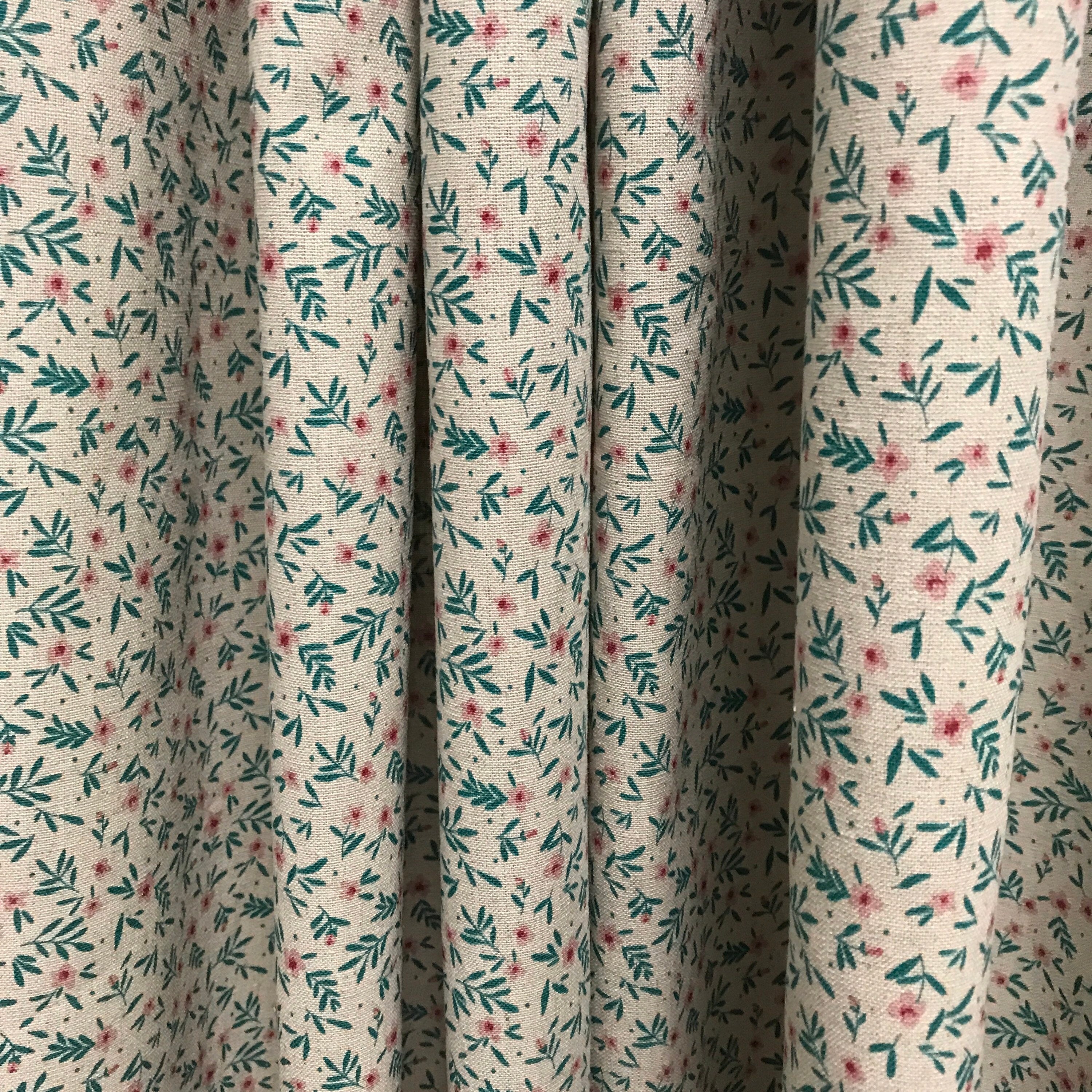 Teal Sprout Floral Curtain on Natural Beige