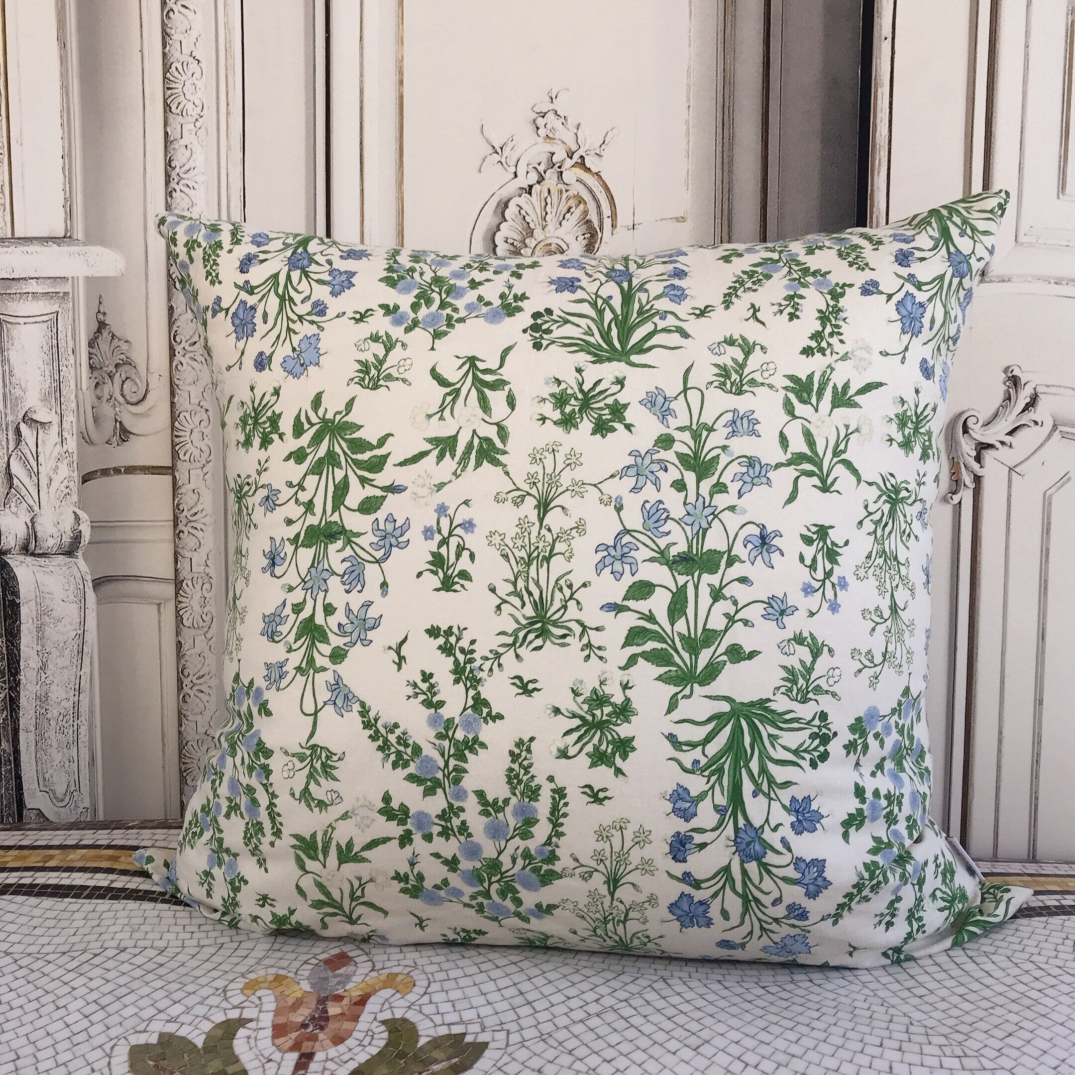 Light Sky Blue Floral Cushion Cover on Pale Green Beige