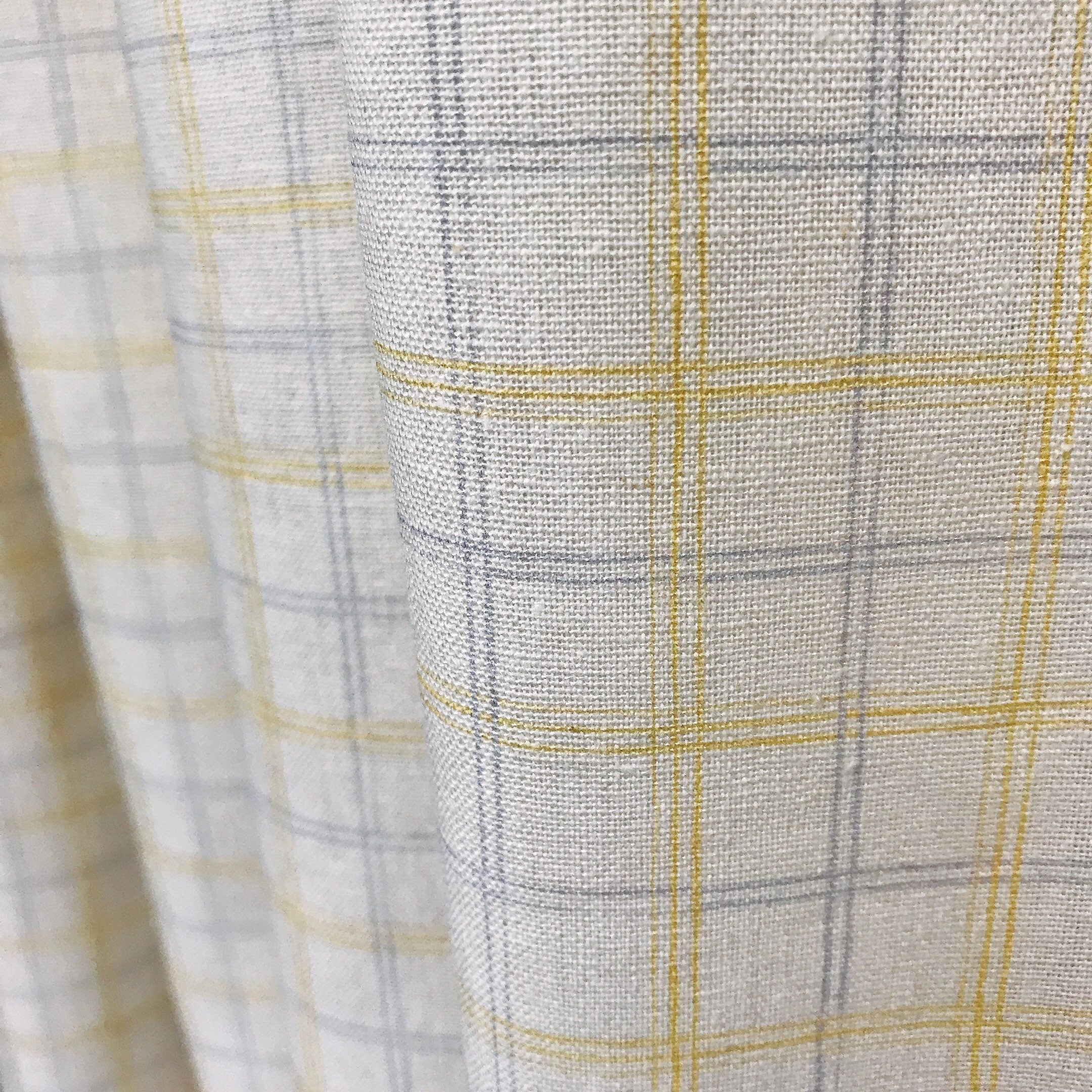 Plaid Mustard Blue Grey Pattern Linen Cotton Curtain Ivory Drapery