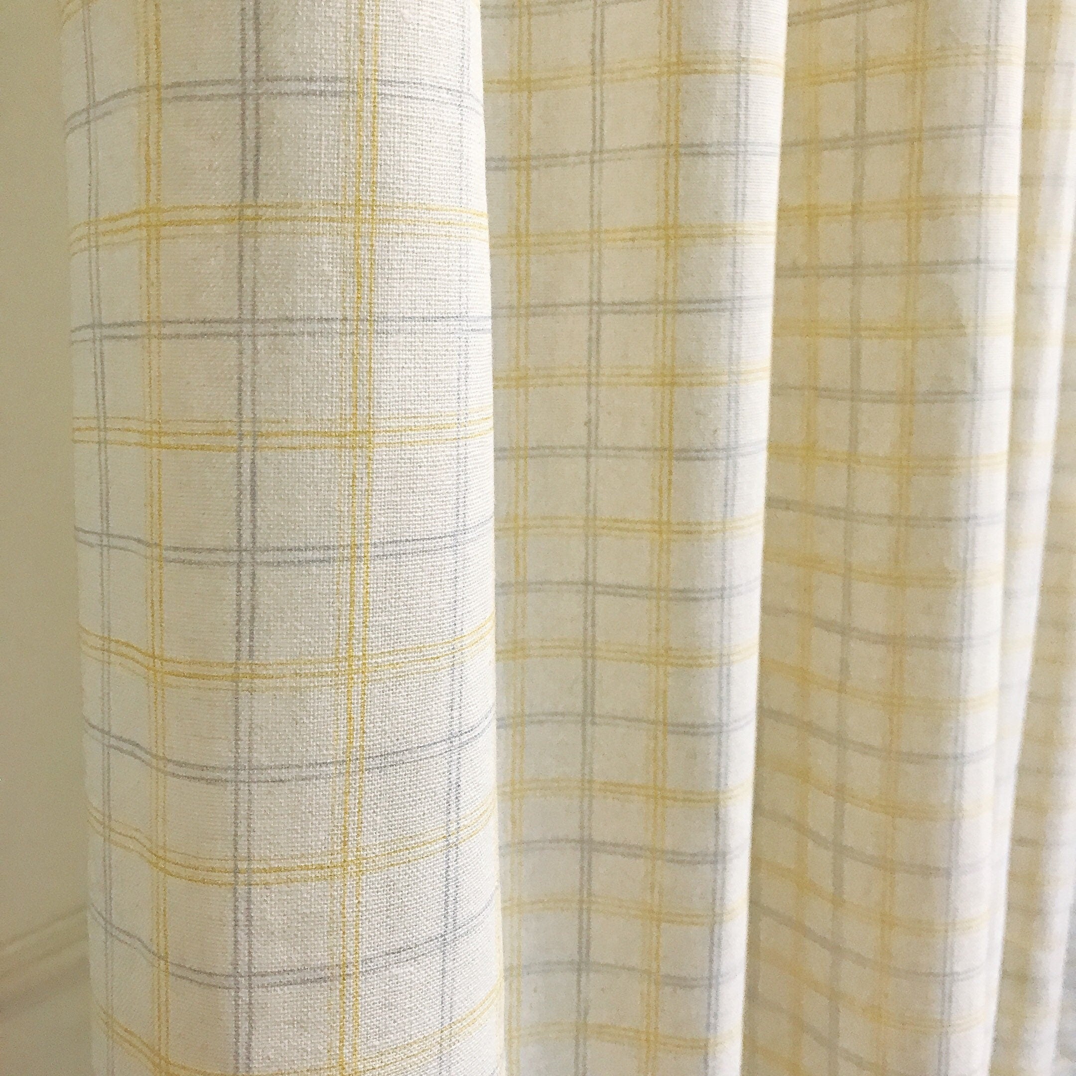 Plaid Mustard Blue Grey Pattern Linen Cotton Curtain Ivory Drapery