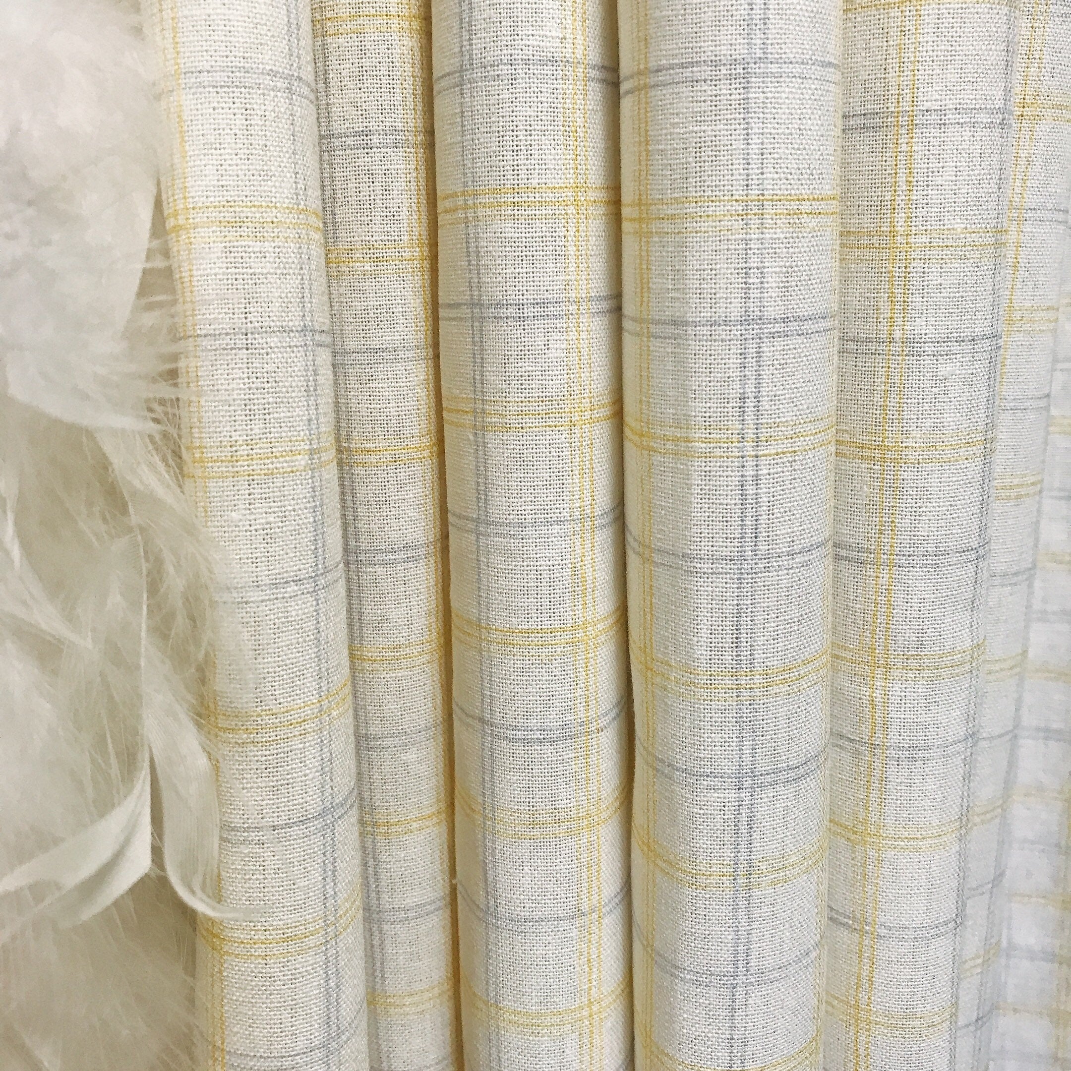 Plaid Mustard Blue Grey Pattern Linen Cotton Curtain Ivory Drapery