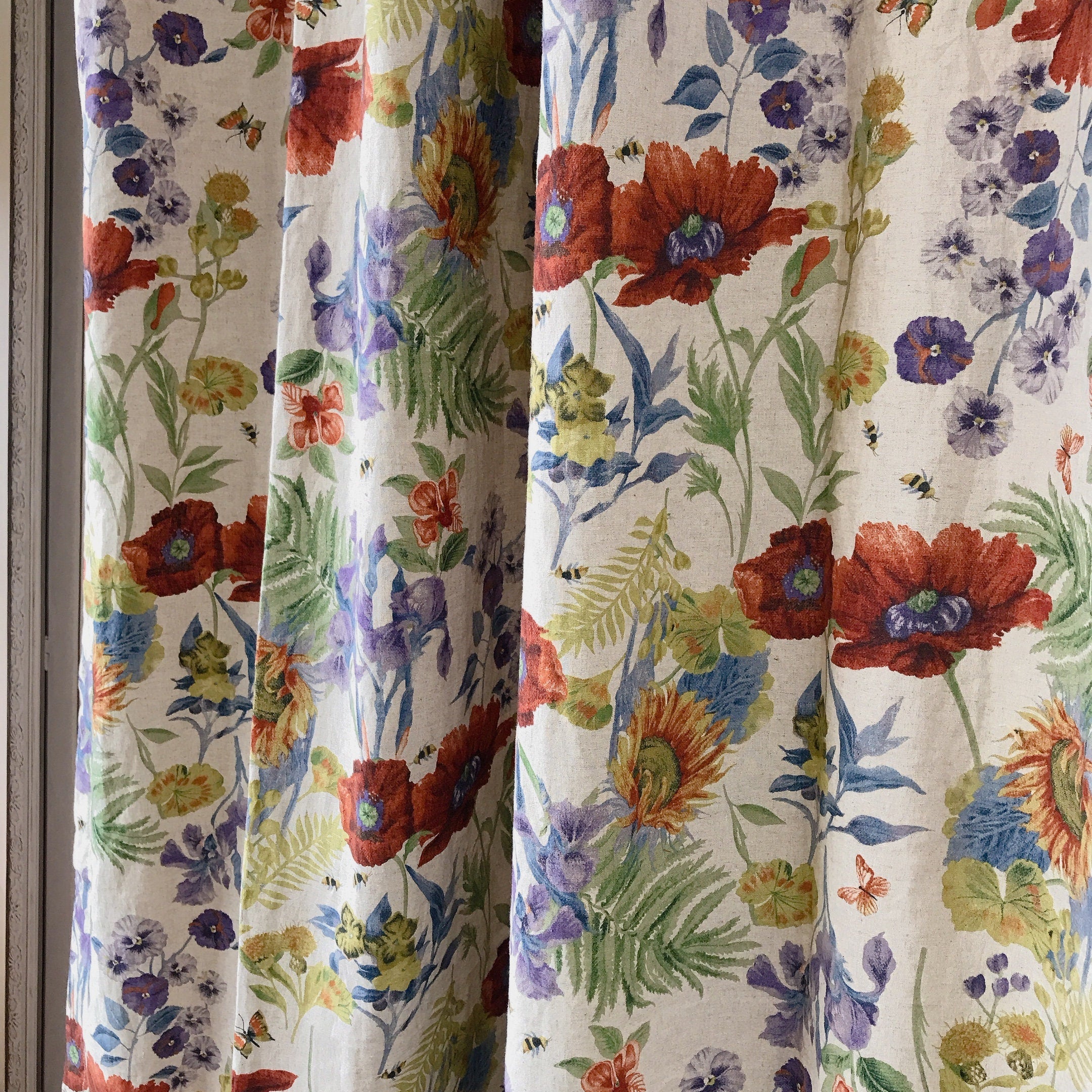 Deep Poppy Red and Soft Purple Floral Curtain on Natural Beige