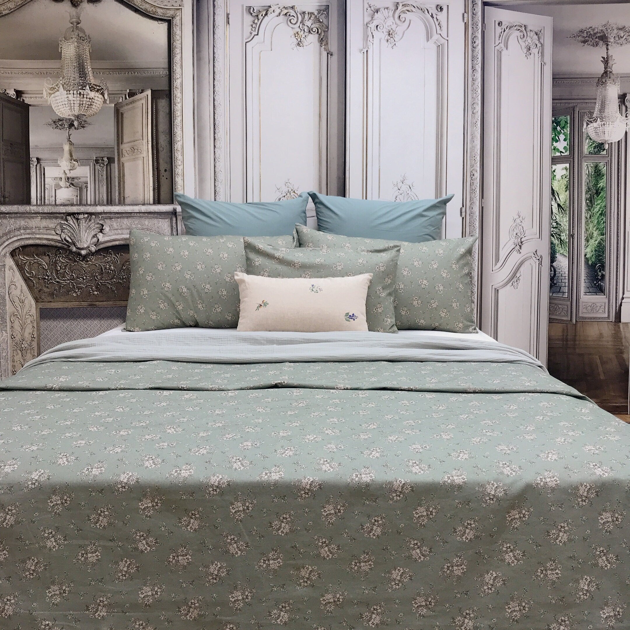 Natural Beige Floral Duvet Cover in Sage Green